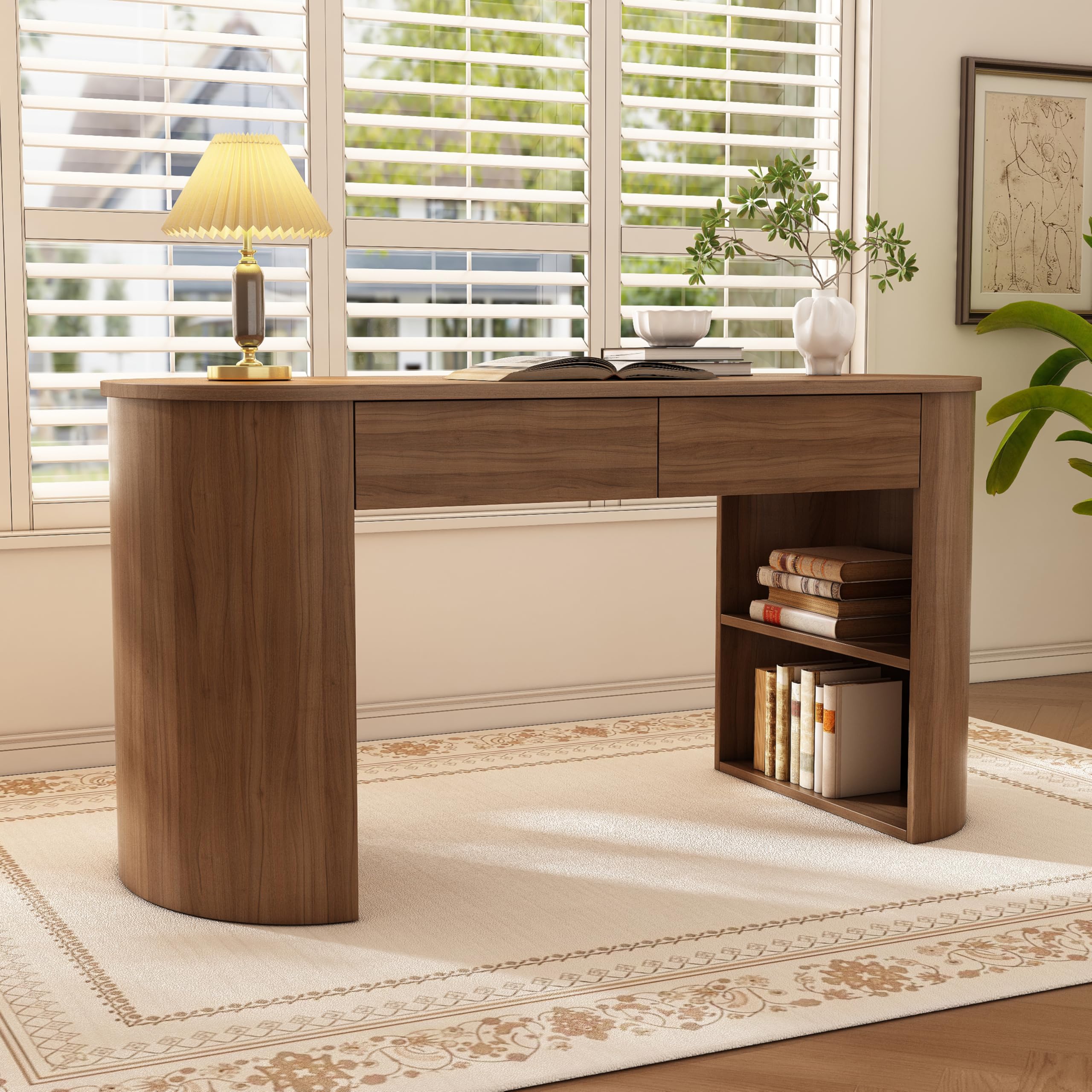 Christopher Knight Home Hanni Wooden Computer Desk with Drawers, Oval Desk with Storage, Home Office Writing Desks with Pedestal Base and File Drawer,