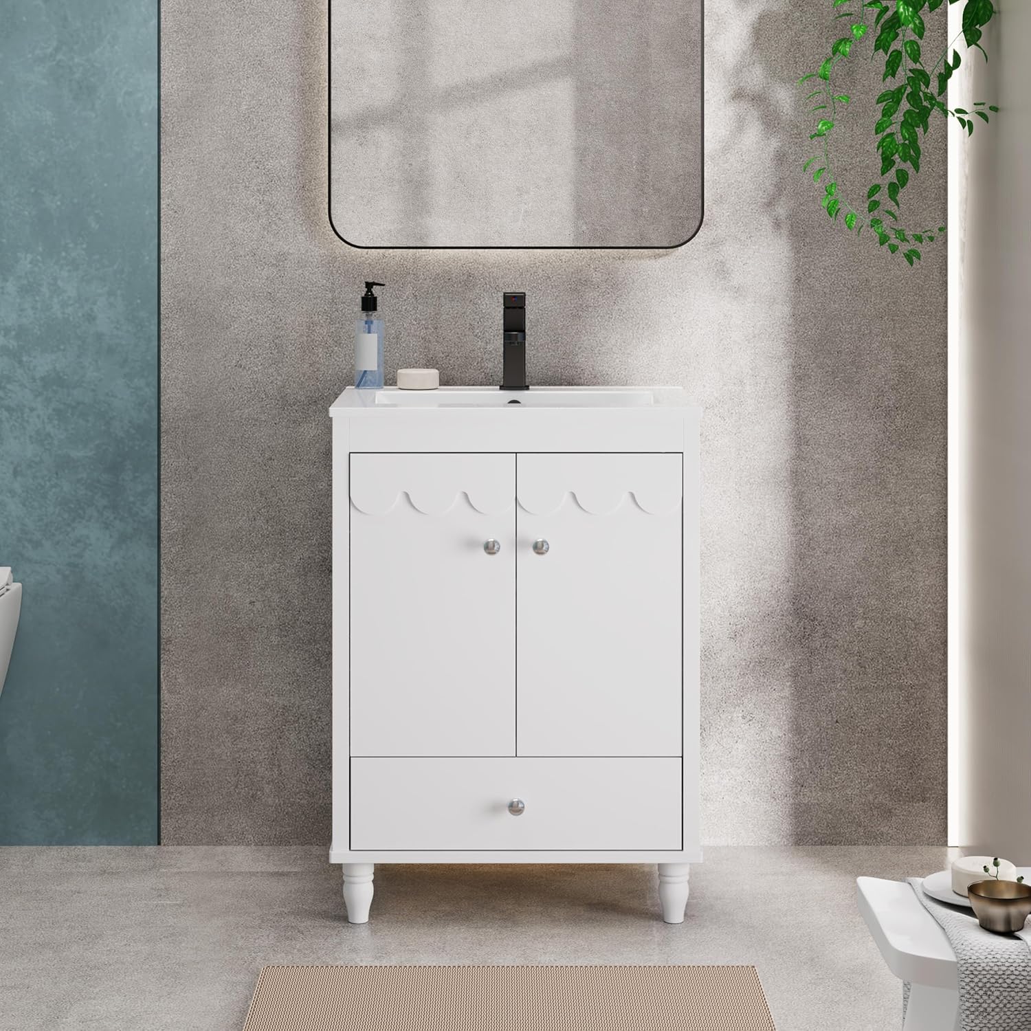 eclife 24" Bathroom Vanity with Sink Combo, Modern Painted Freestanding Vanities Storage Cabinet with Scalloped Decoration, Undermount Basin, Faucet, Drain, White