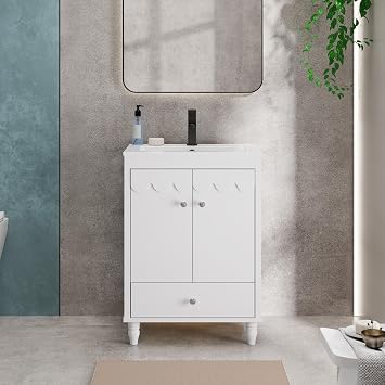 eclife 24" Bathroom Vanity with Sink Combo, Modern Painted Freestanding Vanities Storage Cabinet with Scalloped Decoration, Undermount Basin, Faucet, Drain, White