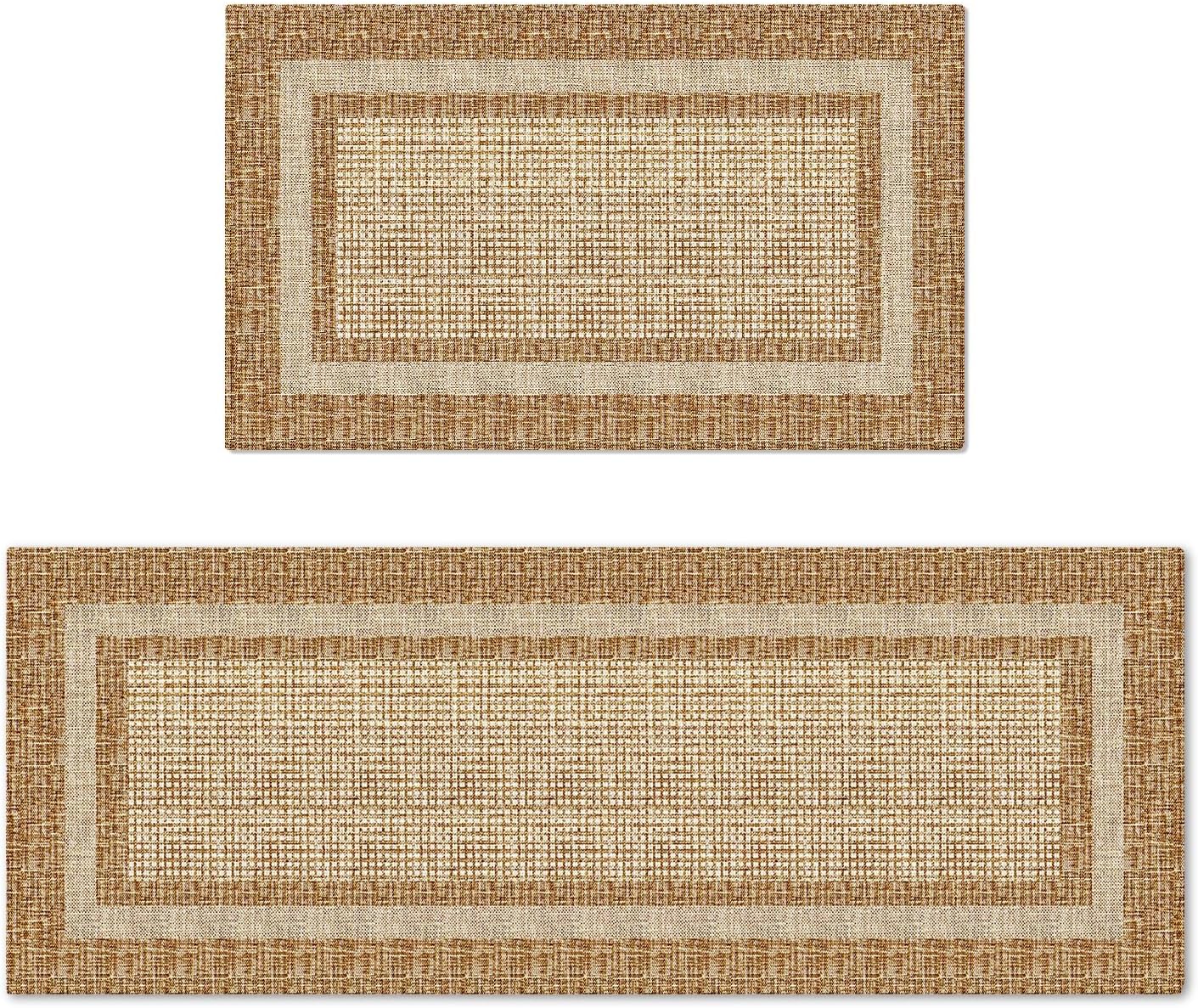 Artoid Mode Beige Rectangle Plaid Washable Kitchen Mats Set of 2, Seasonal Decor Non Slip Low-Profile Natural Rubber Back Kitchen Rugs for Floor - 17x29 and 17x47 Inch