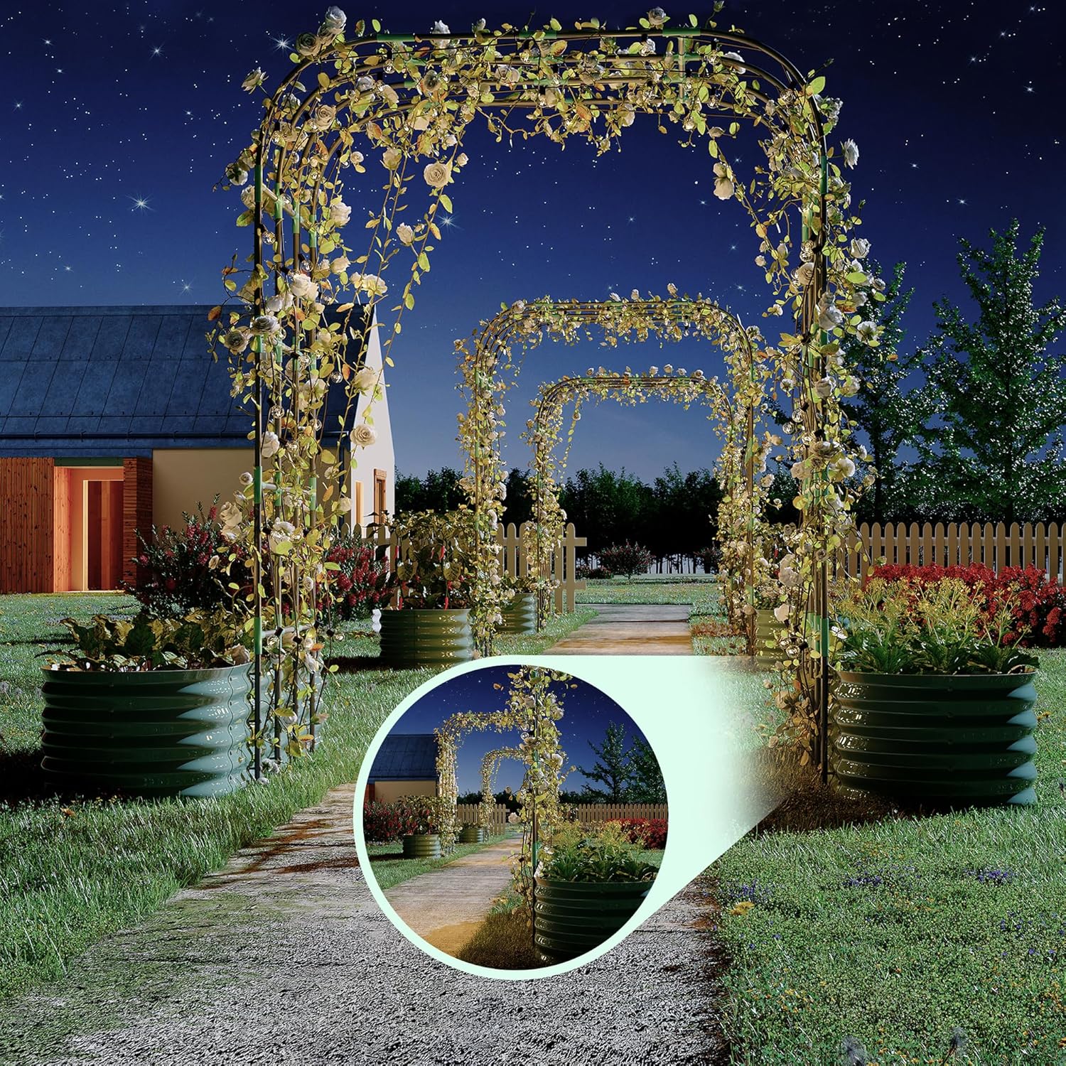 Expandable Arch Trellis Raised Bed Kit – 95" Metal Garden System with Vertical Netting, Plant Ties, and Drainage Design for Vegetables, Flowers, and Vines (Rust-Proof Green)