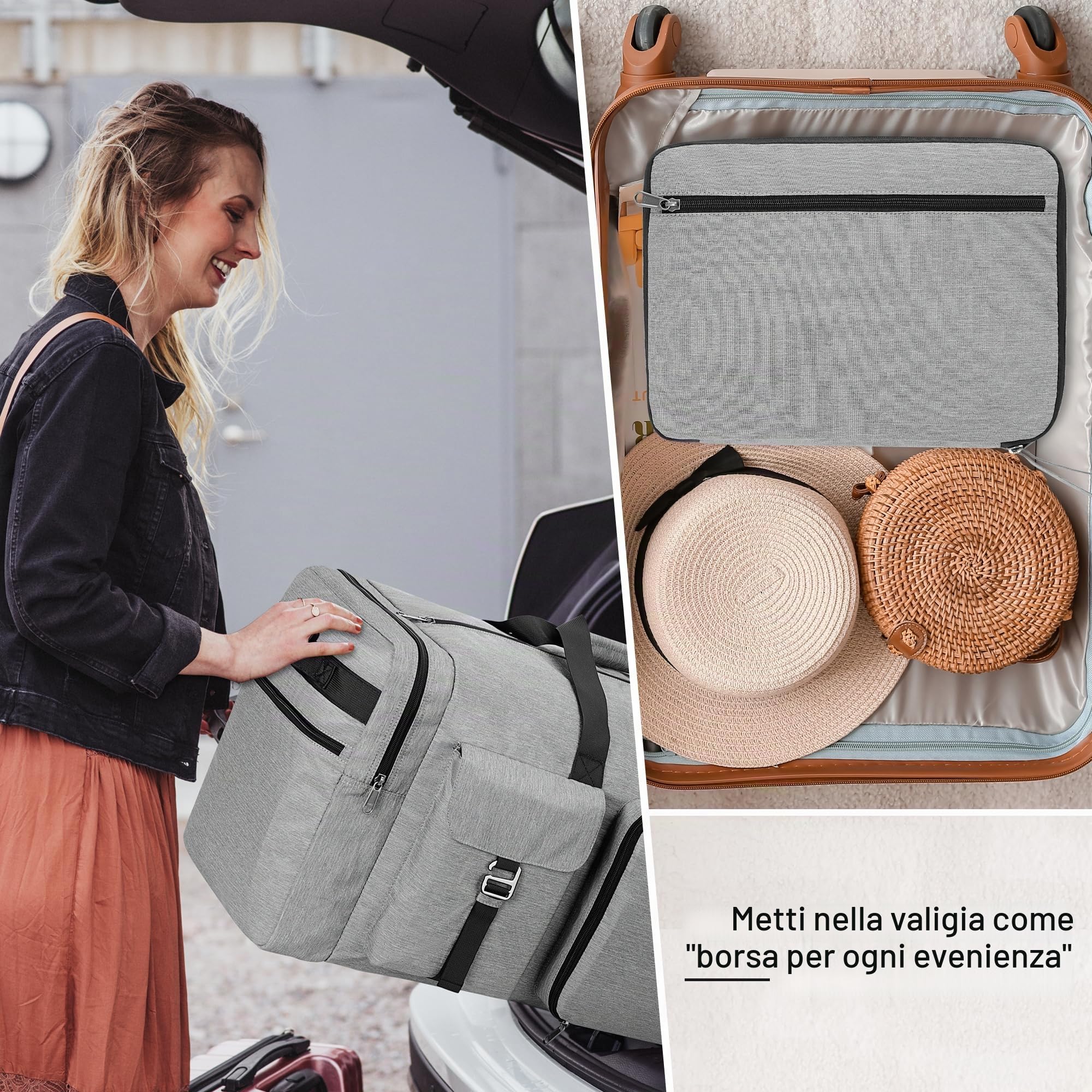 120L Borsone da Viaggio Pieghevole per Uomo e Donna, Grande Borsa Palestra con Scomparto per Scarpe, Borsa Sportiva Leggera e Impermeabile, Grigio