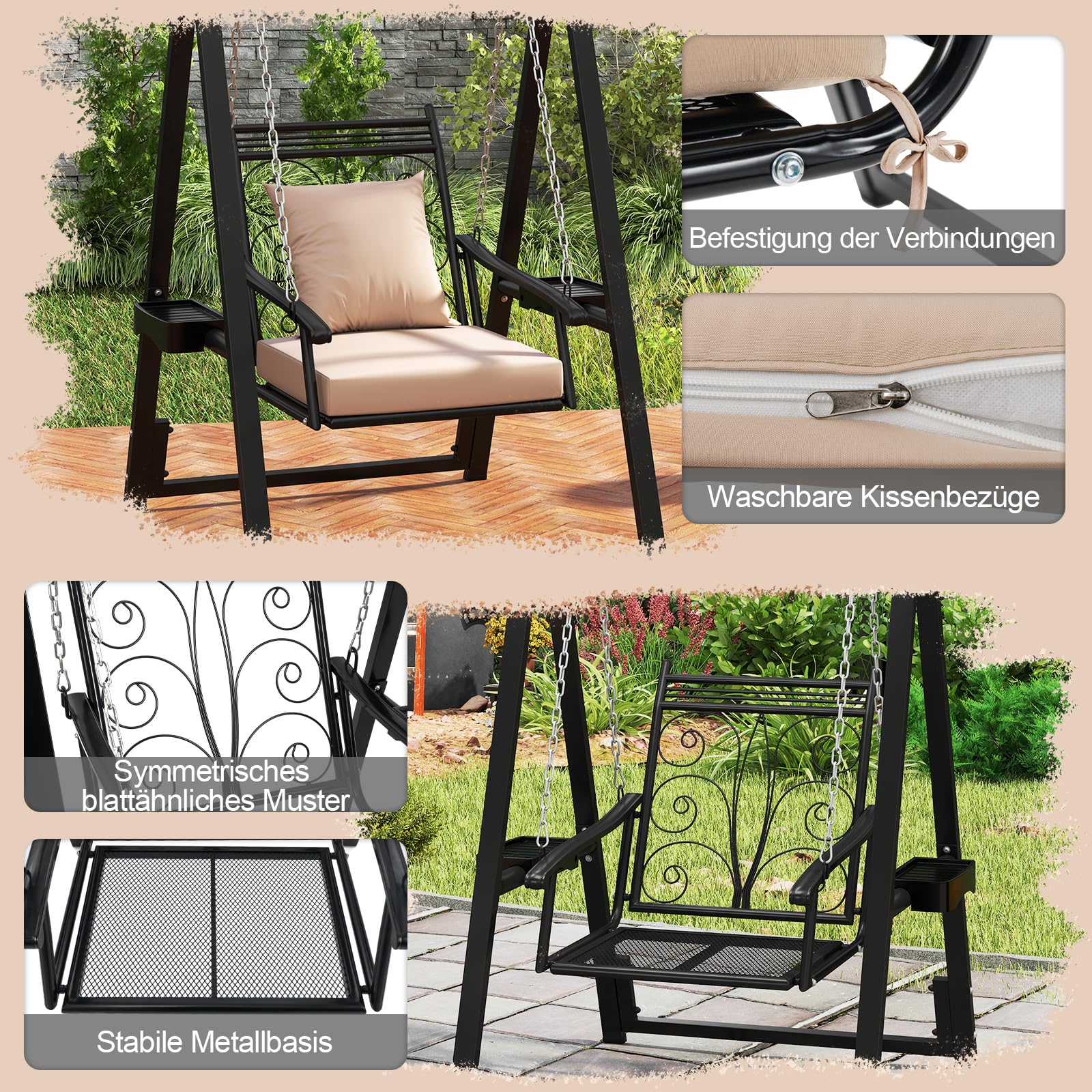 COSTWAY Outdoor Schaukel mit Gestell, Gartenschaukel Metall mit abnehmbaren Kissen & Seitentischen, bis 160 kg, Terrassenschaukel Schaukelgerüst für Garten, Balkon, Hinterhof (Schwarz)