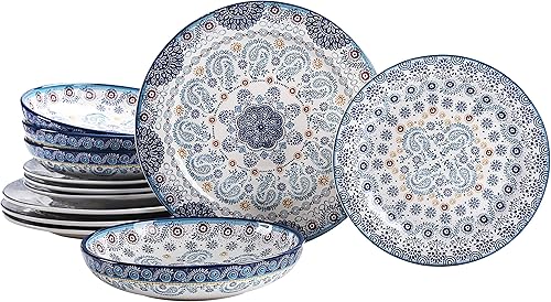 Bico Blue Talavera - Juego de vajilla de cerámica de 12 piezas, servicio para 4, incluye platos llanos de 11 pulgadas, platos de ensalada de 8.75