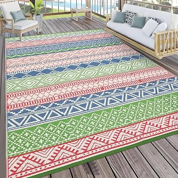 GlowSol Waterproof Outdoor Rug 5x8 Reversible Patio Rug Portable Plastic Straw Rugs for Camping,Boho Outdoor RV Mat for Camper Outdoor Rugs for Backyard,Picnic,Beach,Deck,Porch,Balcony,Red/Green/Blue