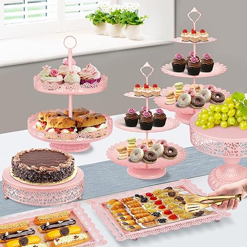 Miniatura 3 de Juego de exhibición de mesa de postre rosa, soporte de metal para cupcakes, plato de dulces de alimentos, bandeja de torre con pinzas, cuchillo para
