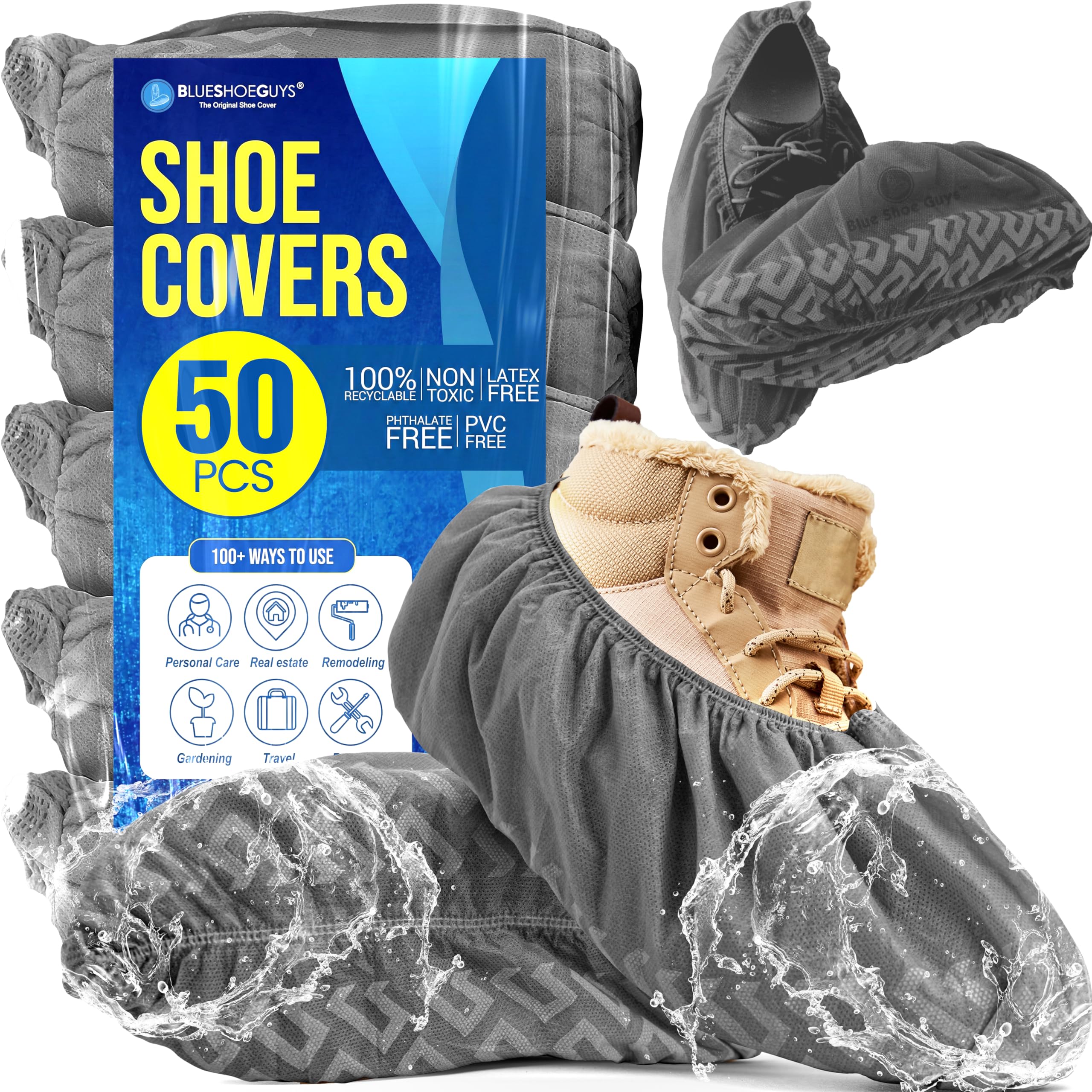 Premium Boot &amp; Shoe Covers Disposable Booties - 50 Pack - Durable, Non-Slip, Non-Toxic, Water Resistant, Recyclable Protectors for Indoor &amp; Outdoor - Large Size Fits Most Shoes