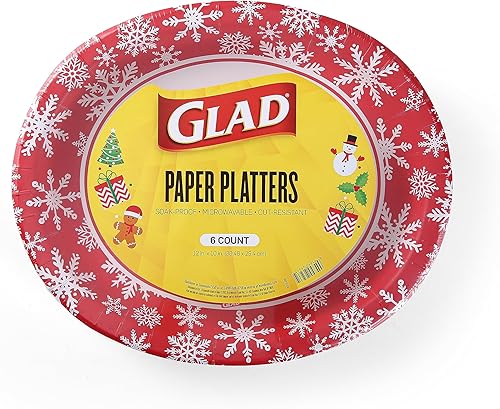 Glad Plato de papel desechable, diseño de copo de nieve rojo festivo, 6 unidades  A prueba de remojo, a prueba de cortes, microondas, platos