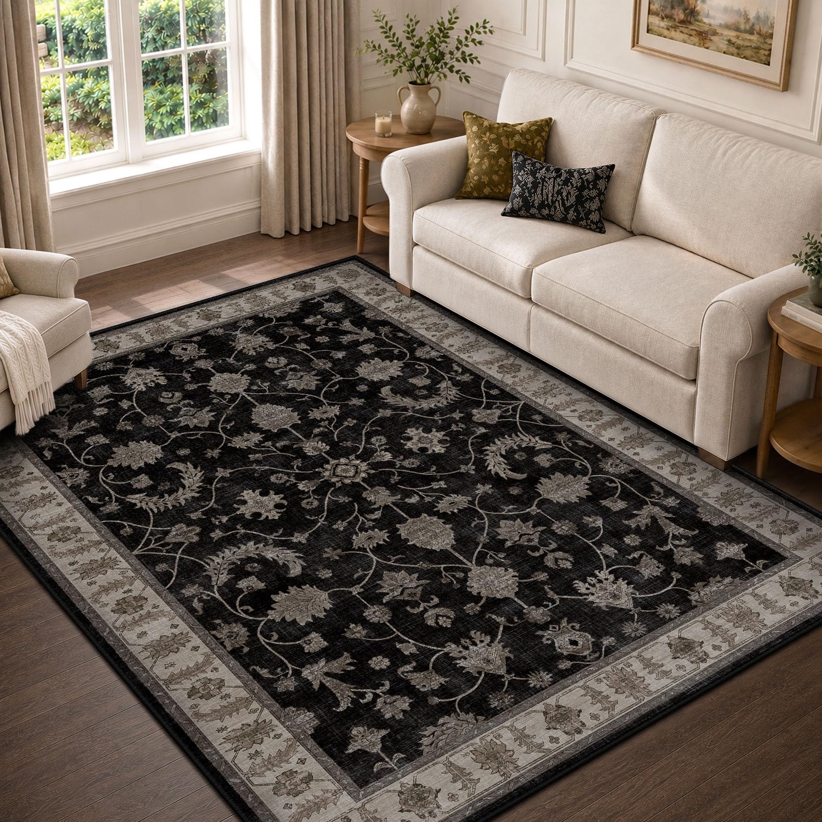 INOVADAY Washable Rug Vintage Boho 120x170 cm Black Living Room Rug