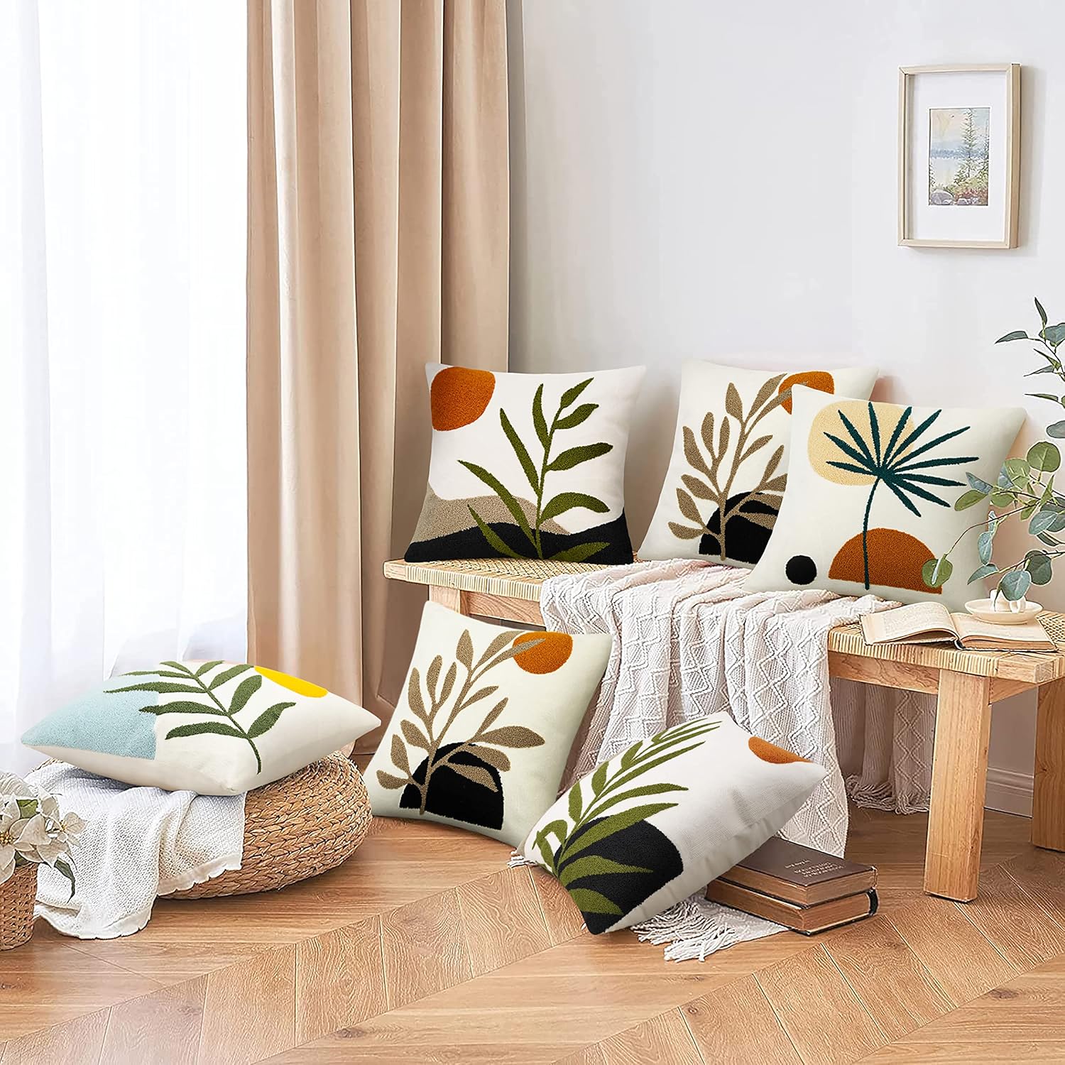 Merrycolor Boho Decorative Throw Pillow Covers 16x16 Tufted Mid Century Modern Throw Pillow Covers Abstract Leaf Pillow Cover Bohemian Aesthetic Boho Pillows for Couch Bed Sofa Living Room 1PC