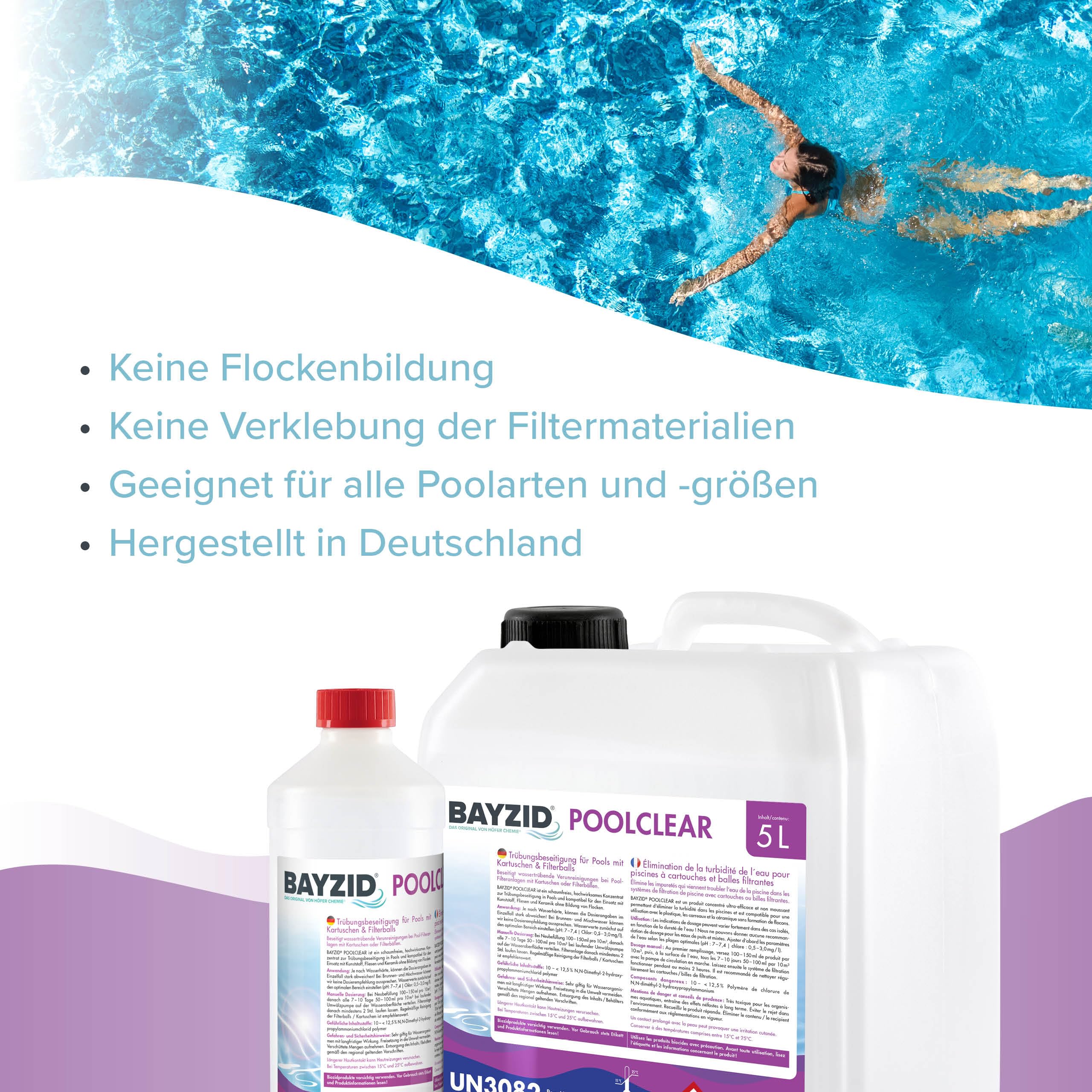 1 x 5 L BAYZID® Poolclear - Trübungsbeseitigung für Pool Filter mit Kartuschen & Filterballs/Filterbälle