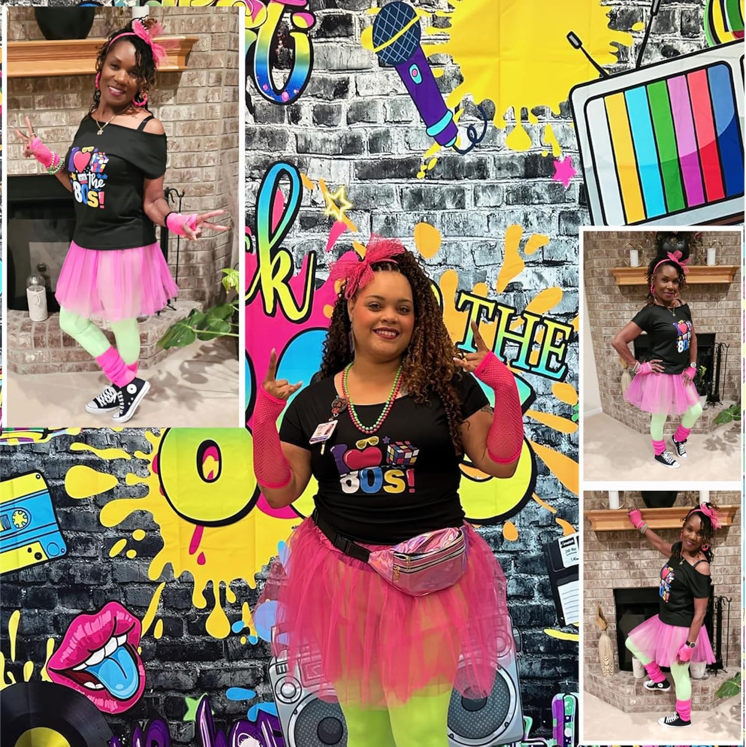 Xintorch 80s Accessories for Women 80s Neon Socks Holographic Fanny Pack Lace Headband Earrings Fishnet Gloves for 80's Party - Image 6