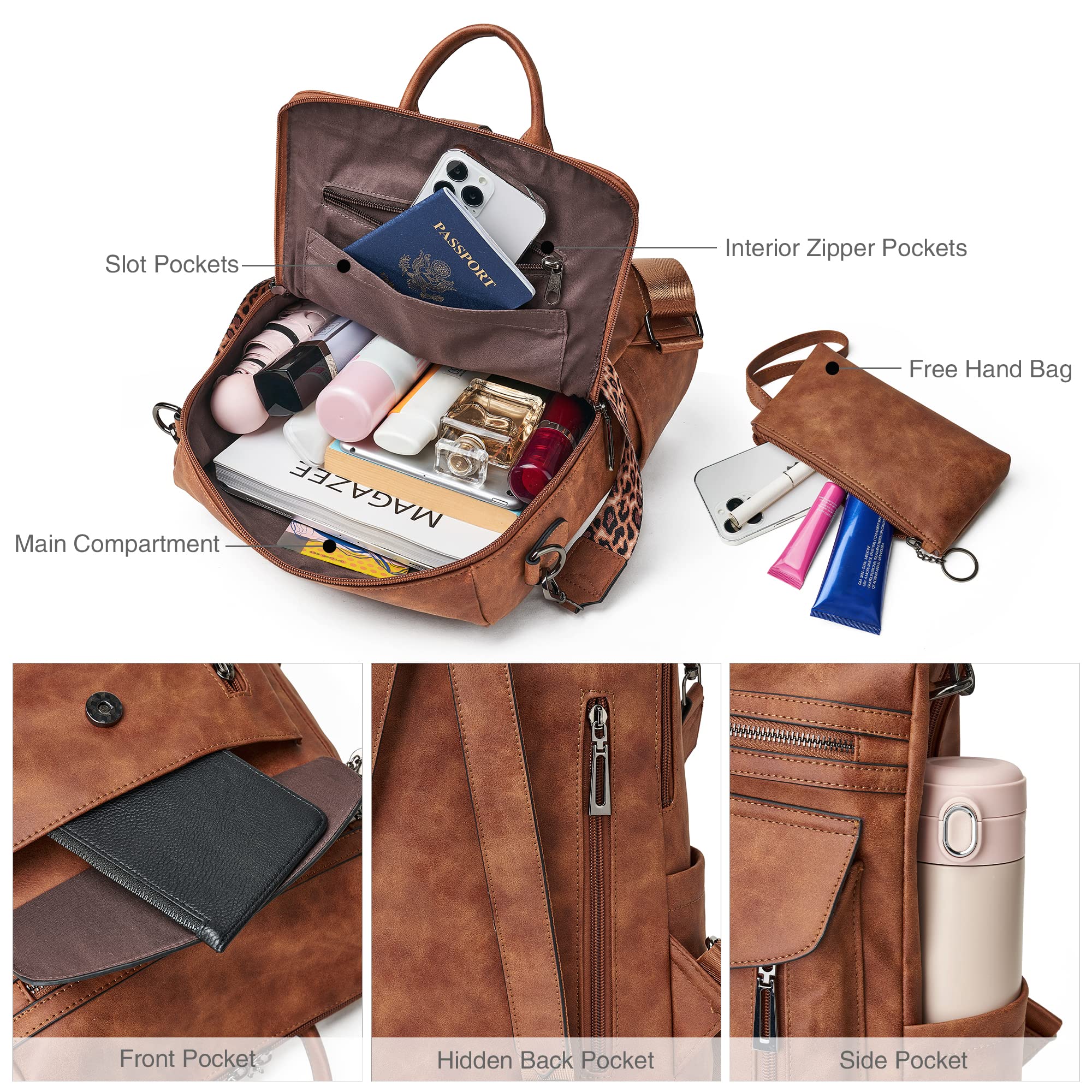 Shrrie Rucksack und Geldbörse für Damen, modischer Rucksack aus Leder, Designer-Reiserucksack, wandelbare Schultertasche, 12.5 x 5 x 13 inches