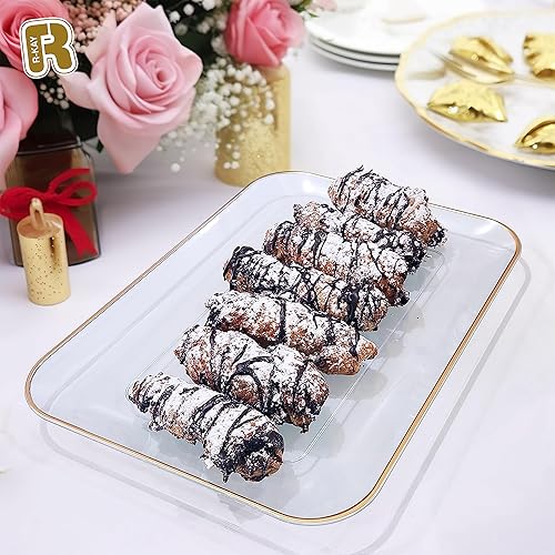 Miniatura 3 de Paquete de 3 bandejas de plástico para servir para fiestas, bandeja dorada de 8 x 11 pulgadas, bandejas de postre resistentes para alimentos,