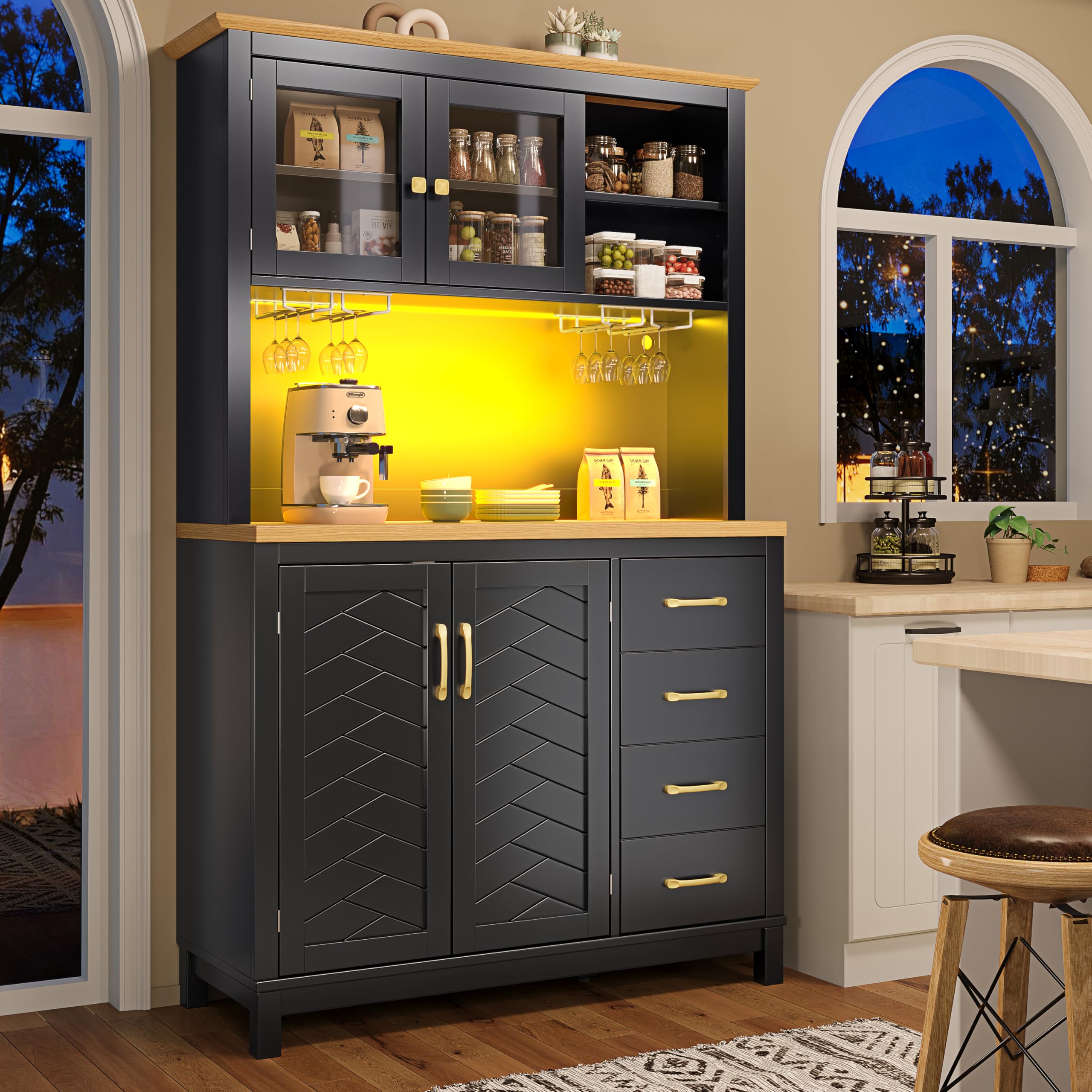 Mobile da cucina a buffet, 105,5 x 40 x 180 cm, stile rustico, 4 ante, con striscia luminosa a LED e porta bevande, verde/nero/bianco