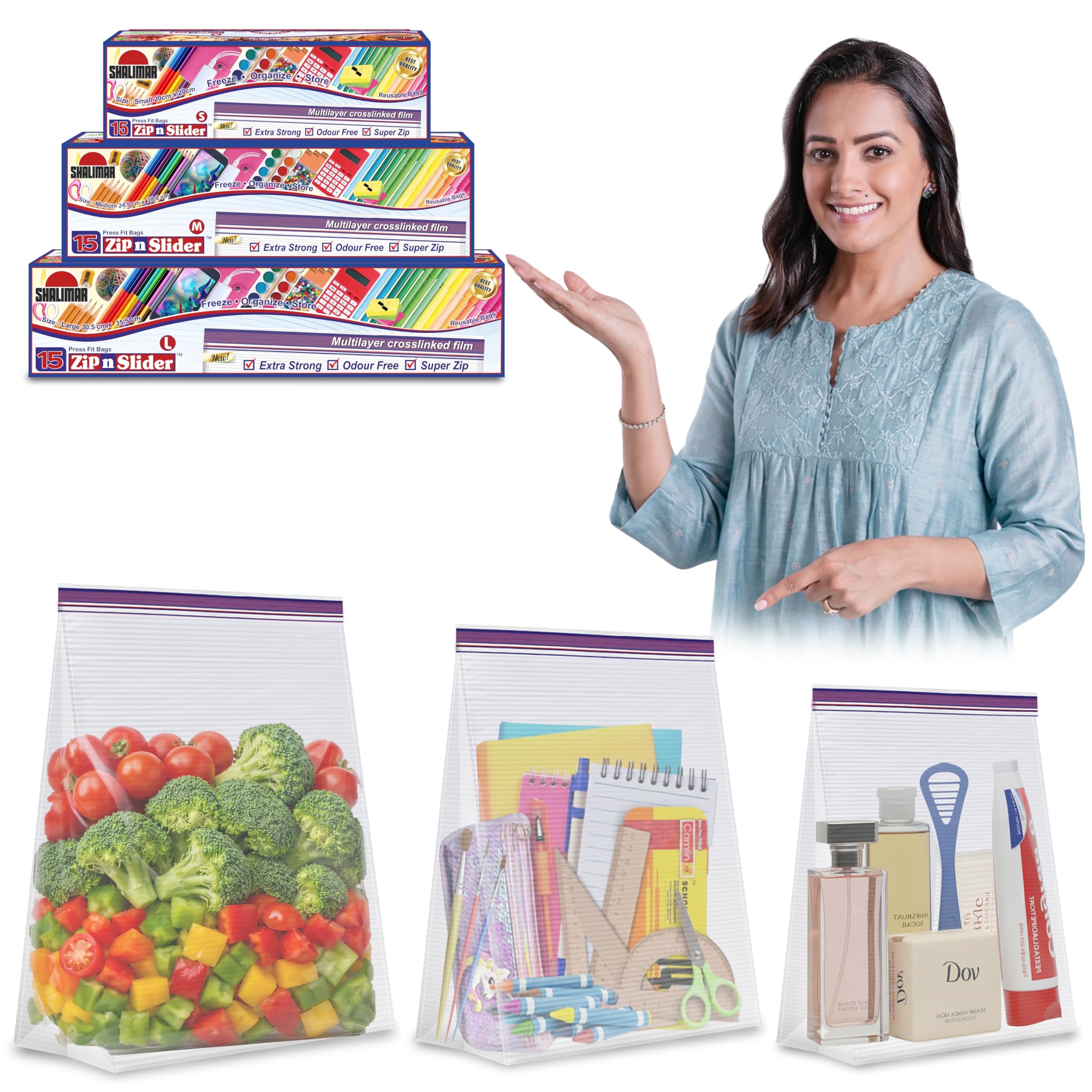 Shalimar Zip 'N' Slider (Press Fit) Bags|Combo Pack (Small+Medium+Large)|Pack of 45 Bags|Ziplock/Vegetable/Fruit/Fridge/Multi-Purpose Storage Bag|Reusable & Reclosable with Double Lock|Color-Natural