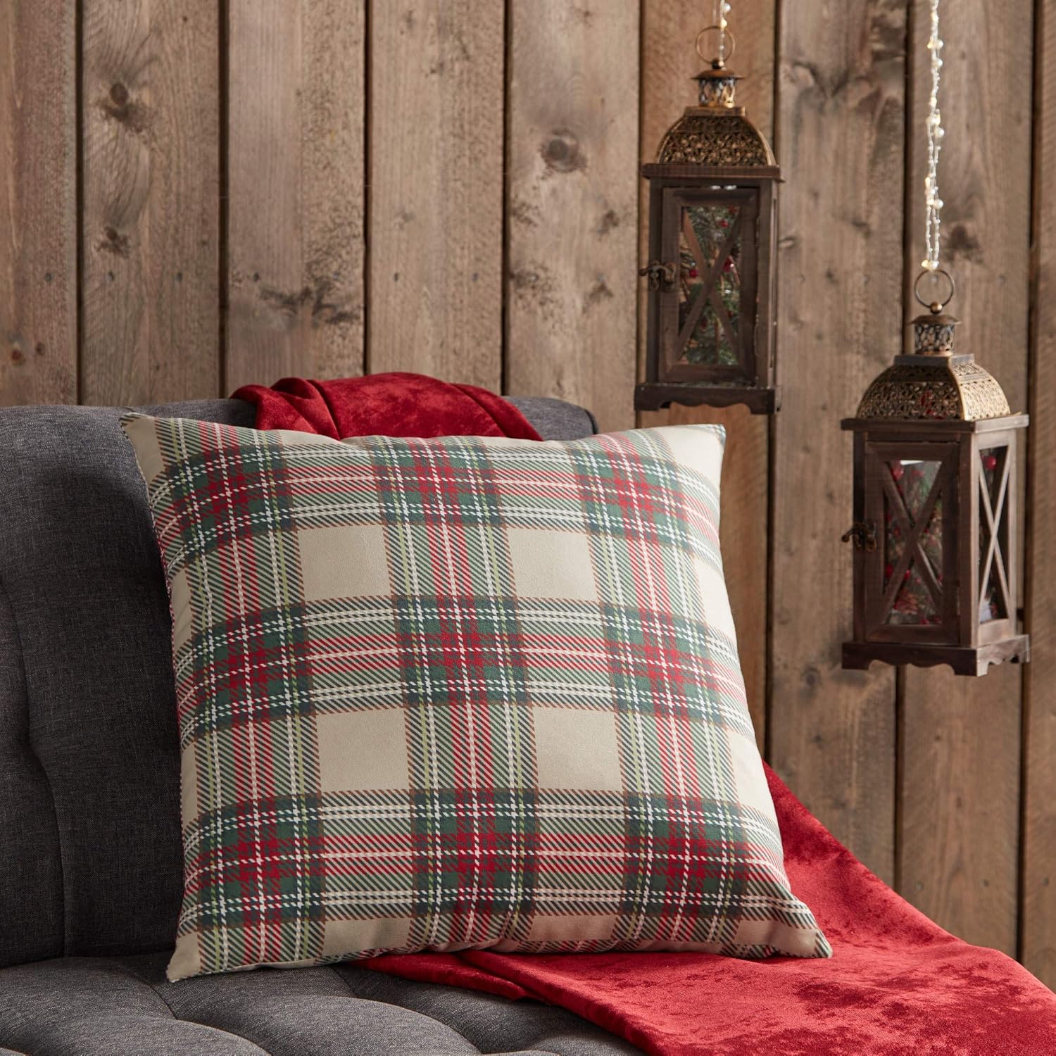 South Pine Porch Square Throw Pillow, 18 x 18-Inch, Holiday Plaid