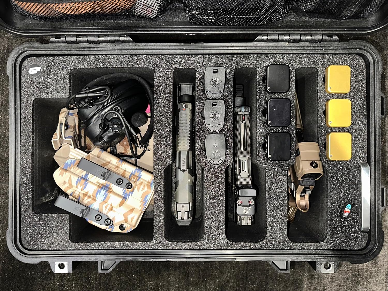 Custom Made Insert Replacement to fit Pelican 1510 Hard Case (Not included) Fits: 3 full-size Pistols and compartment for accessories, 9 magazines, & one desiccant tin (not included).