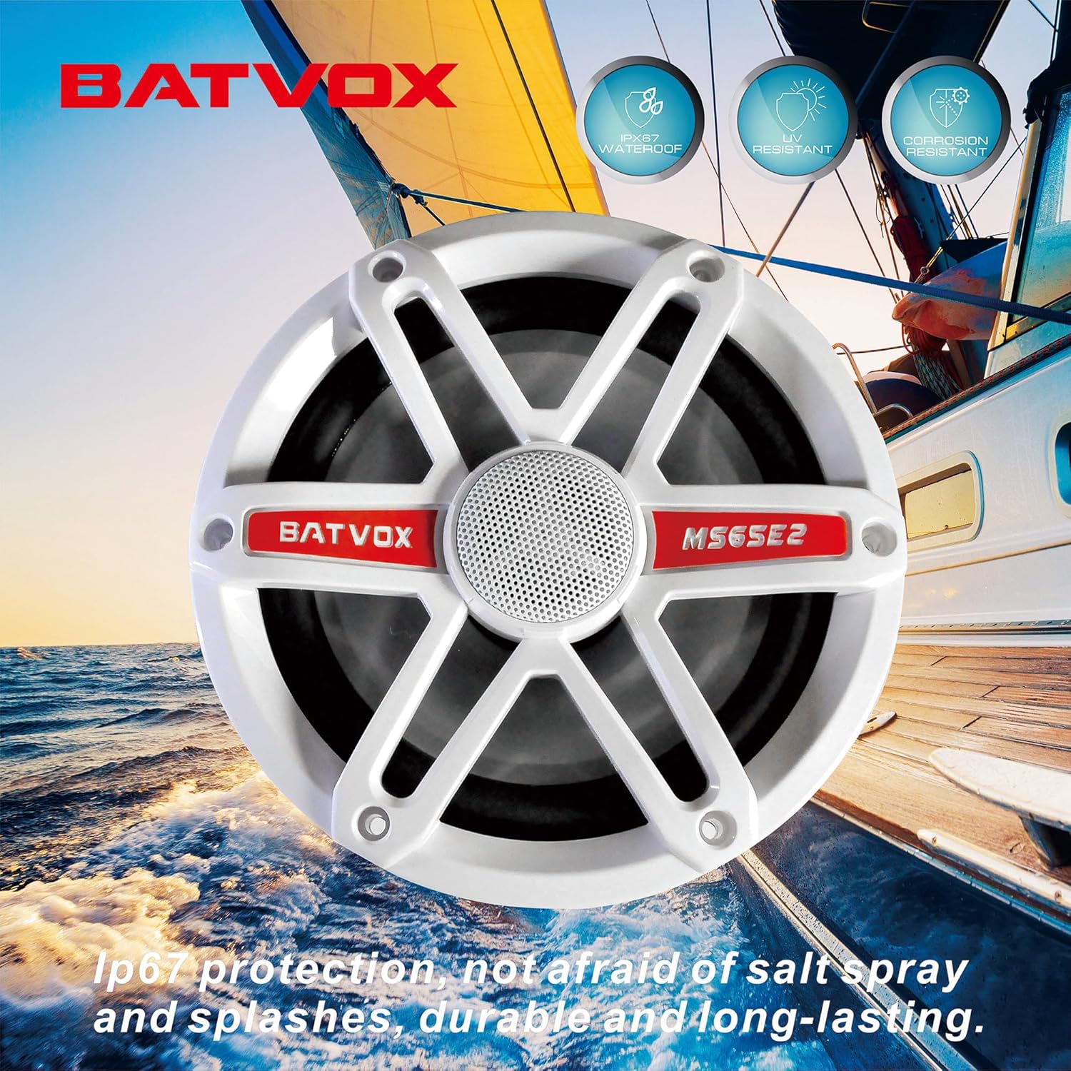 MS65E2 6.5 Inch Marine Speakers with 7-Color LED Lights，2 Way IP67 Waterproof and Weather Resistant Outdoor Stereo Sound System with 300 Watt Max, White (2 Speakers) - Image 7