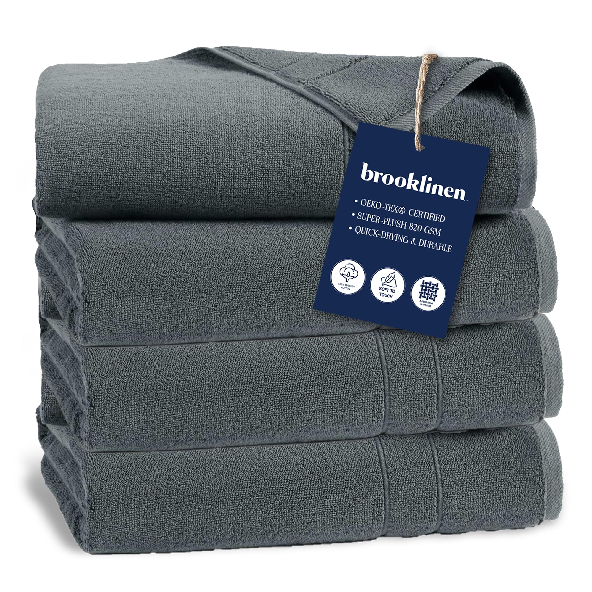 Brooklinen Super-Plush Turkish Cotton Bath Towel Set - Includes 4 Bath Towels Cotton, 820 GSM, Highly Absorbent, Machine Washable, Perfect for Home & Bathroom (Slate Grey)