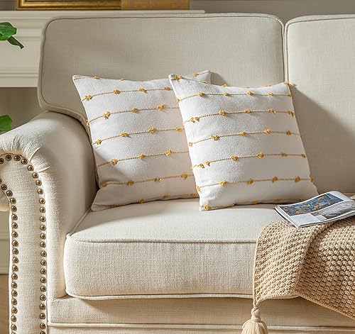 Miniatura 3 de Caflife Juego de 2 fundas de almohada bohemias de 18 x 18 pulgadas, color beige y amarillo, fundas de almohada decorativas modernas de granja para