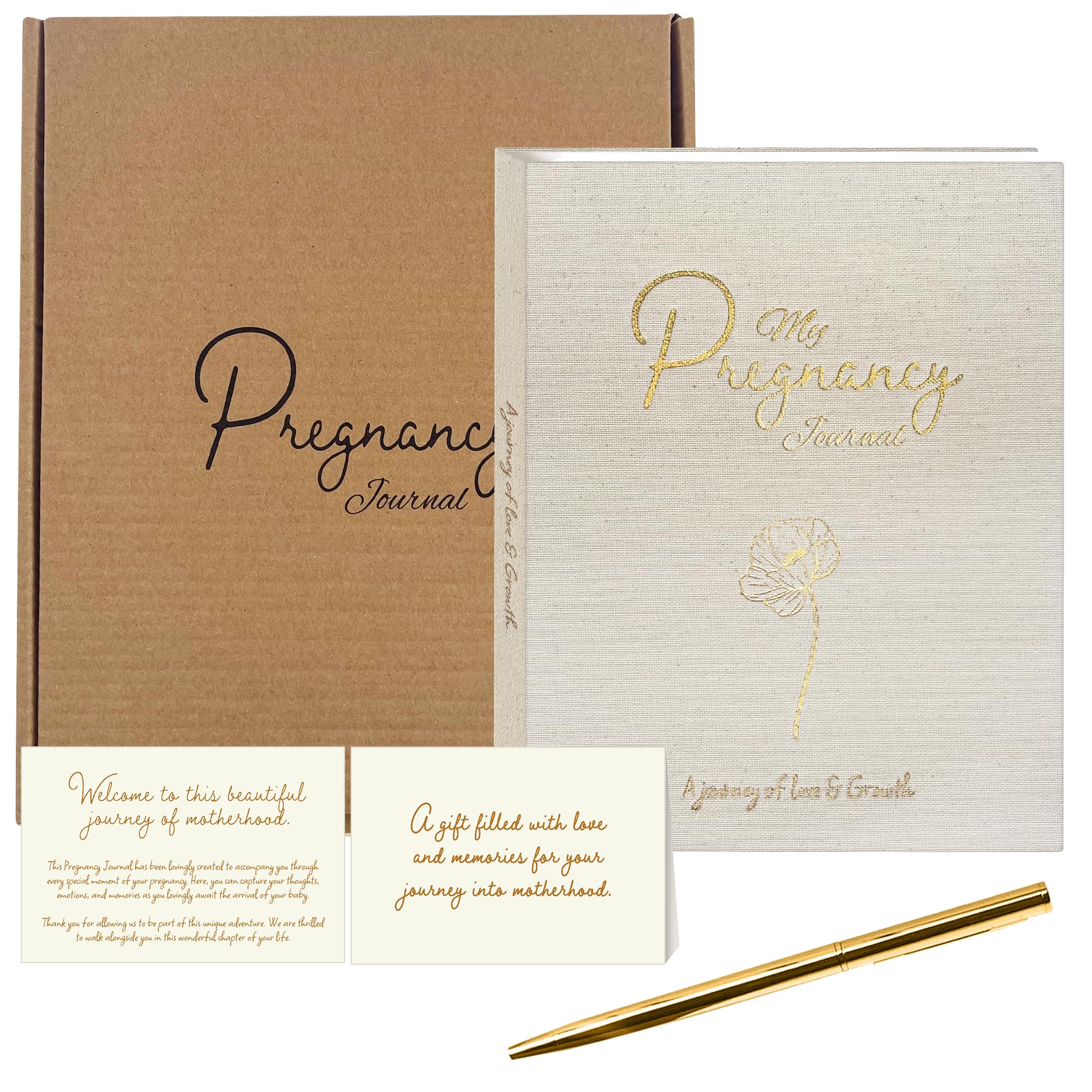 Schwangerschaftstagebuch - Leineneinband Erinnerungsbuch mit elegantem Goldstift - Luxus Andenken Babybuch - Schwangerschaft Must-Have Geschenk für Erstmütter & erfahrene Mütter