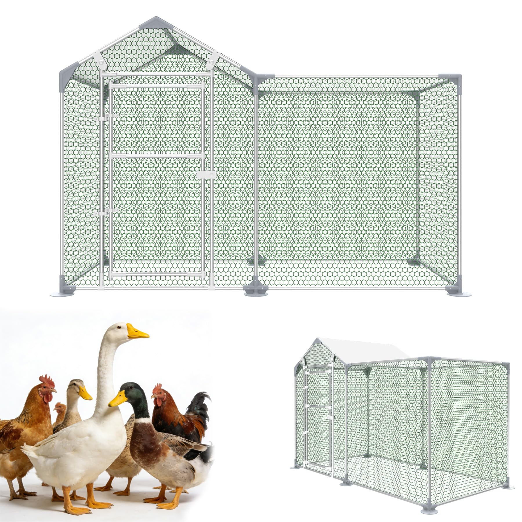 LARS360 Gallinero de acero galvanizado, 2 x 1 x 1,5 m con protección solar, jaula estable para gallinas con puerta con cerradura, cercado para aves de corral para pollos, patos y gansos