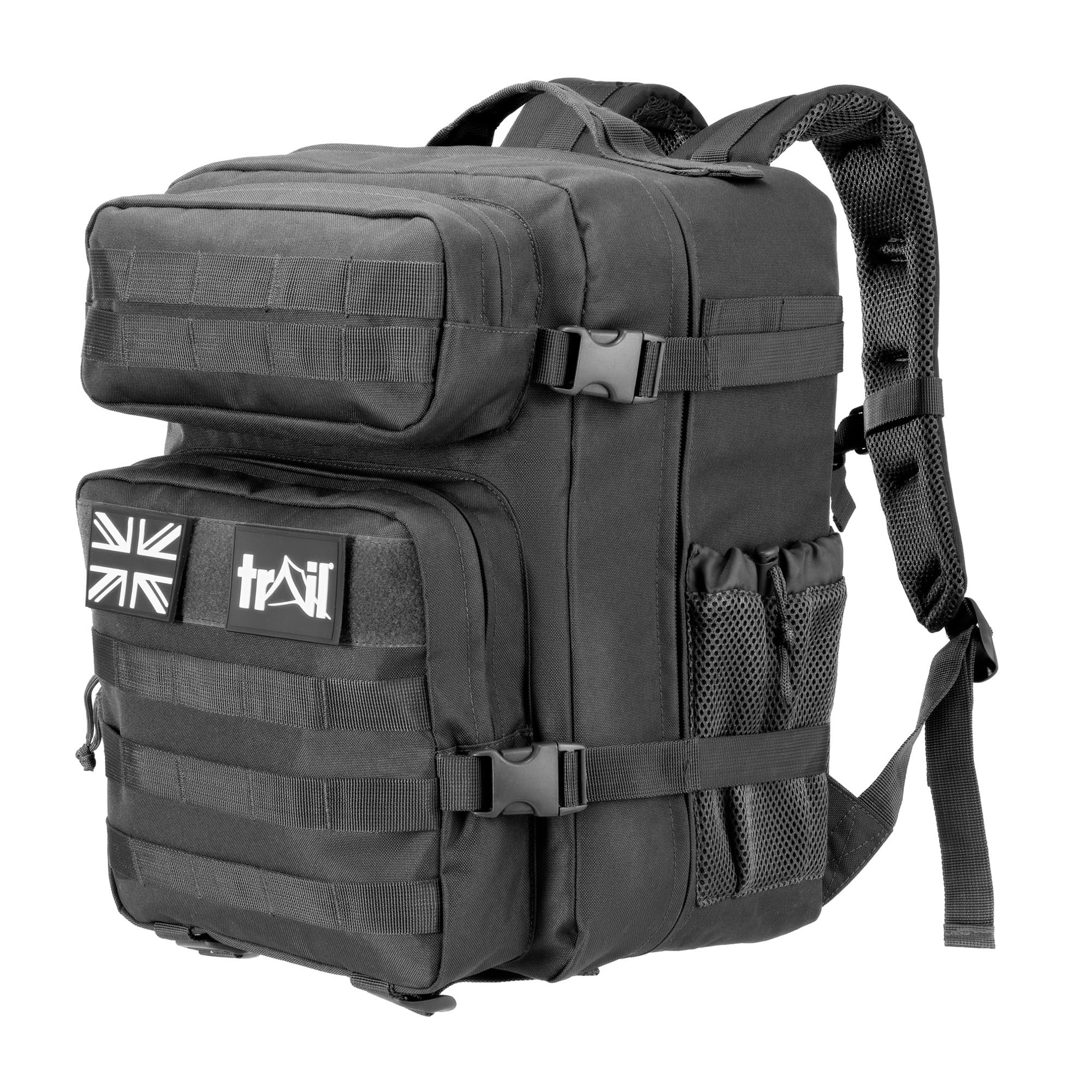Trail Tactical Backpack 30L, Black Military Army Style Rucksack with MOLLE System, Laptop Sleeve, Full Clamshell Opening, Outdoor Travel Hiking Bag with Padded Back & Adjustable Chest Strap
