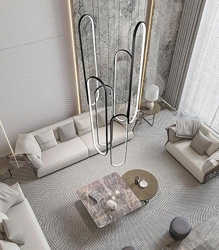 Miniatura 8 de Candelabro moderno de 6 anillos, luz LED negra grande contemporánea para escalera, lámparas de techo alto regulables con control remoto para villa