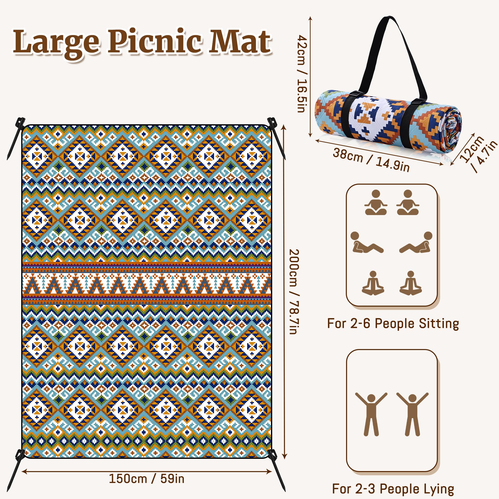 Gucass Koc piknikowy w stylu boho, 150 x 200 cm, wodoszczelny koc plażowy, mata plażowa z paskiem do noszenia i 4 śledziami, przenośny, nadaje się do prania, rozmiar XXL, koc kempingowy, outdoorowy