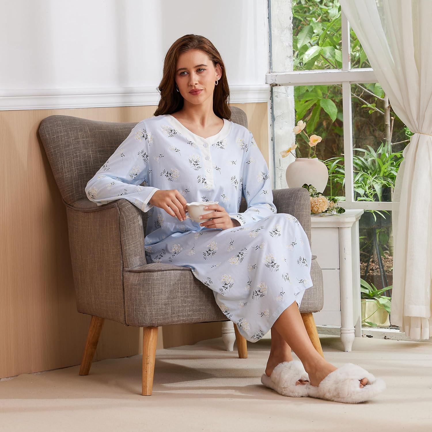 Keyocean Cotton Nightgowns for Women, Soft Comfy Long Sleeve Sleepwear House Dress for Sleeping Lounging - Image 5
