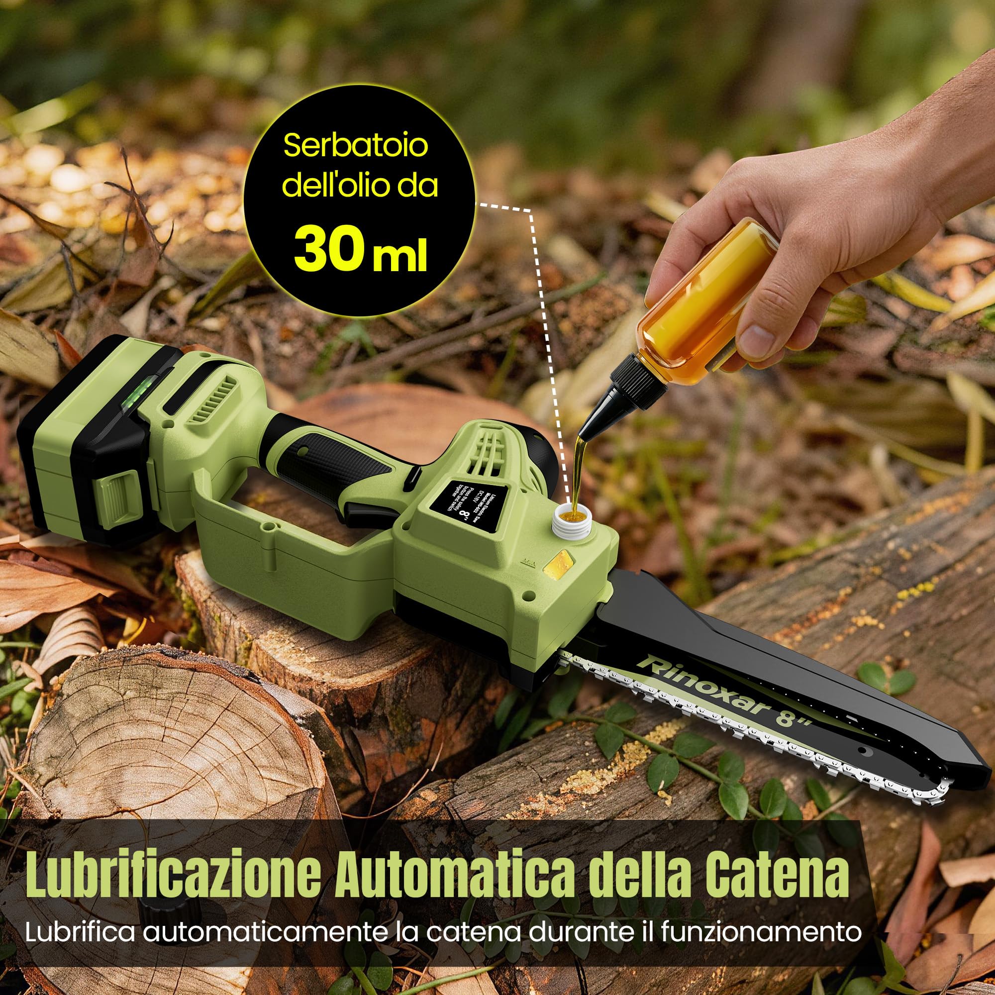 Motosega a Batteria 8 Pollici, Motosega Elettrica con 2×5200 mAh Batterie, Motore Brushless, Lubrificazione Automatica, Tensionamento Catena Senza Attrezzi, Sega per Potatura Legno e Rami
