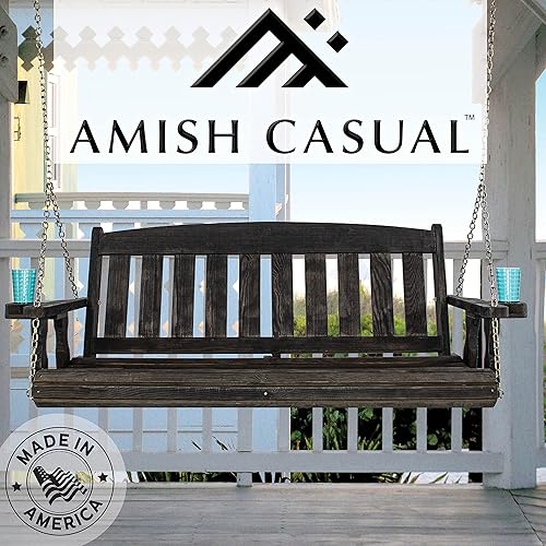 Miniatura 5 de Amish - Columpio casual resistente de 800 libras con tratamiento de misión con cadenas colgantes y portavasos (5 pies, mancha negra semisólida)