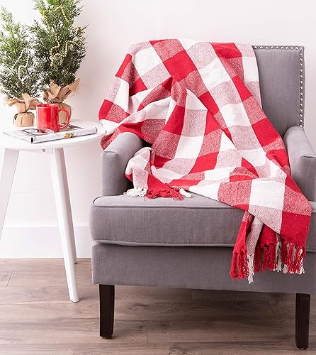 Miniatura 6 de DII Buffalo Check Collection - Manta rústica de granja con borlas, 50 x 60 pulgadas, rojoblanco