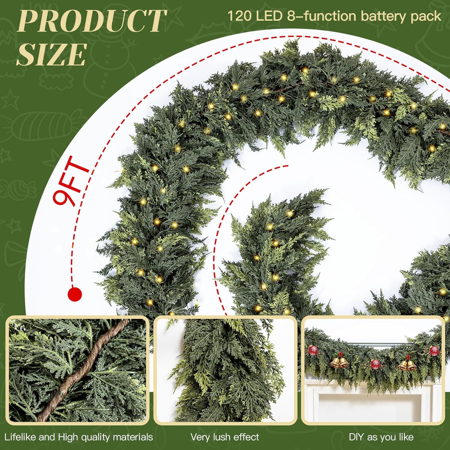 9FT Artificial Cedar Christmas Garland with 120 LED Lights - Real Touch Winter Pine Garland, Green Artificial Greenery Garland for Table, Mantle, Wall, Indoor, Outdoor Christmas Decorations