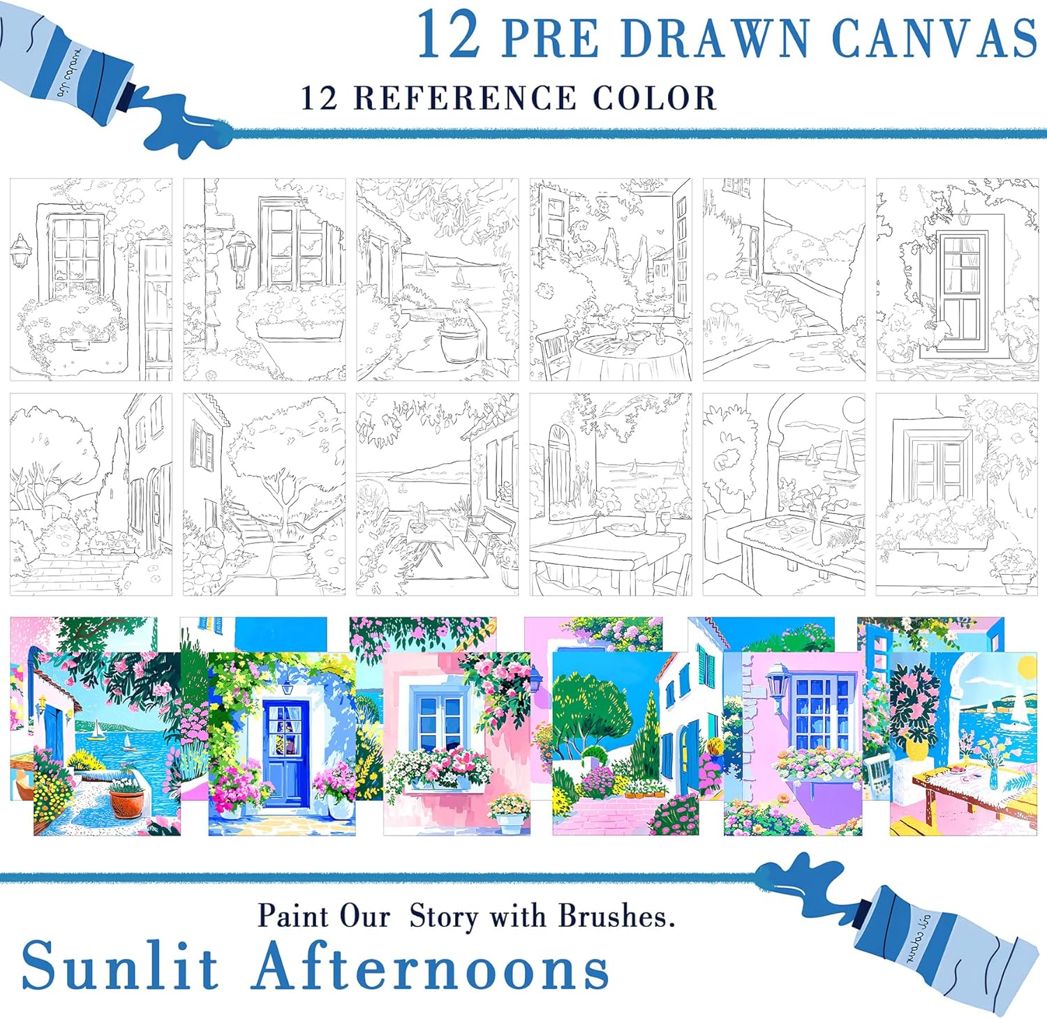 QUANWAISJ 12-Pack 10''x12'' Sip and Paint Kit for Girls' Night, Paint and Sip Kit for Adults,Pre Drawn Canvas to Paint for Adults,Painting Kit,Birthday,Group Activity (Afternoon Garden)