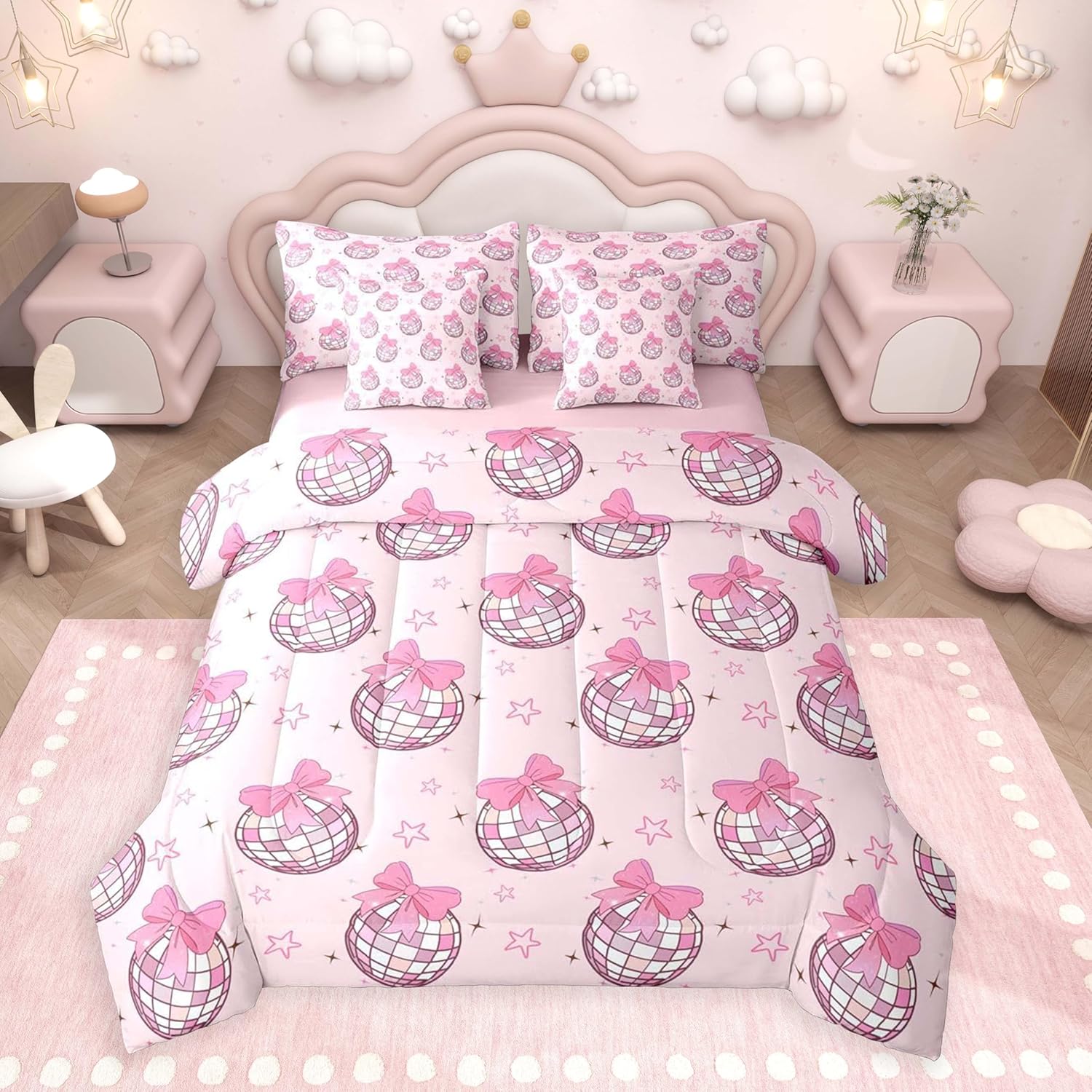 jejeloiu Kids Disco Mirror Ball Comforter Set 7 Pieces Full Size Pink Bow Bedding for Boys Girls Adults Funky Cute Bed Set Bed in a Bag with Comforter, Sheets, Pillowcases & Cushion Covers