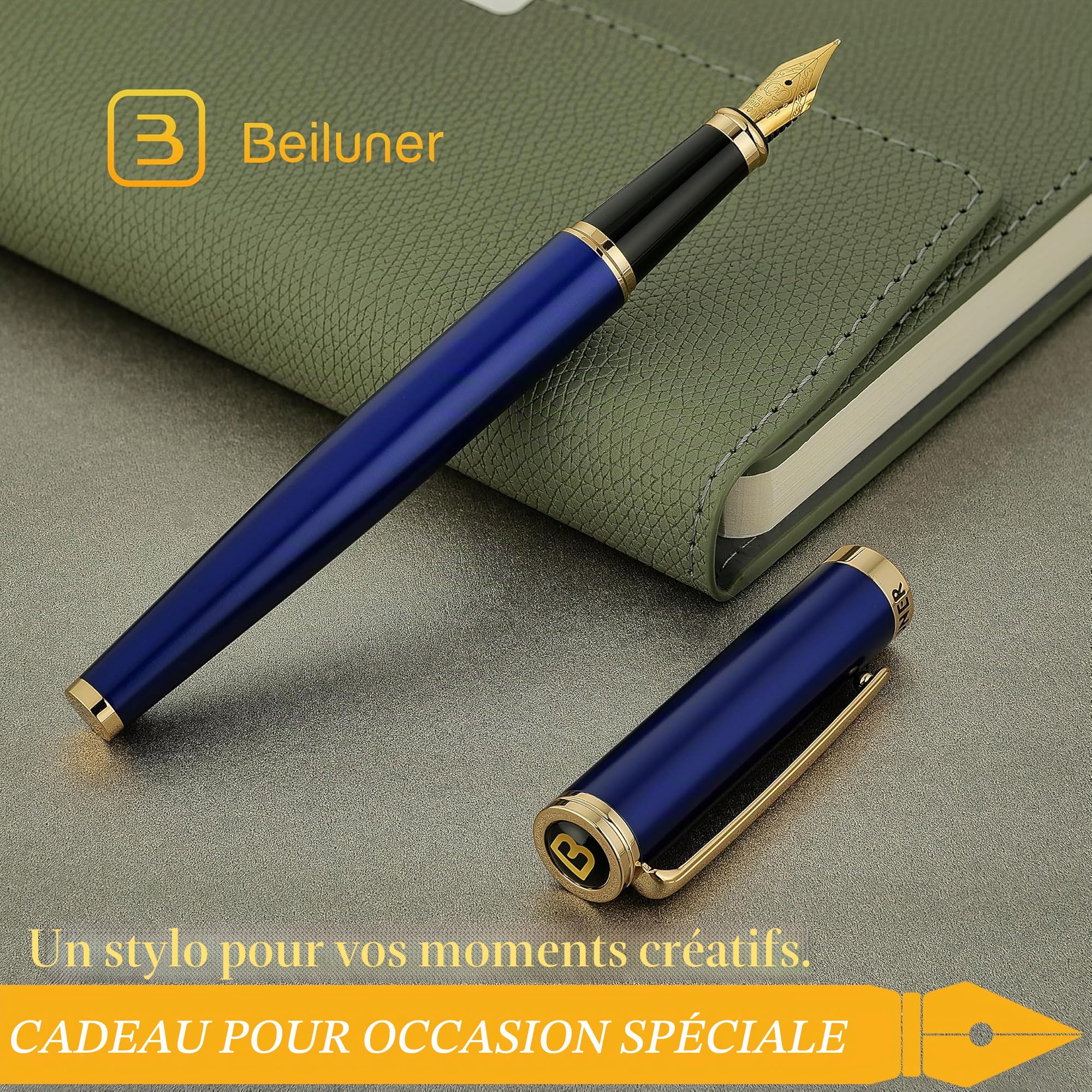 BEILUNER Stylo Plume de Luxe, Magnifique Finition Piano Laqué et Or 24K, Cadeau Fiable avec Convertisseur pour Hommes & Femmes, Stylo Élégant pour l'Écriture - Bleu & Or, Plume Moyenne