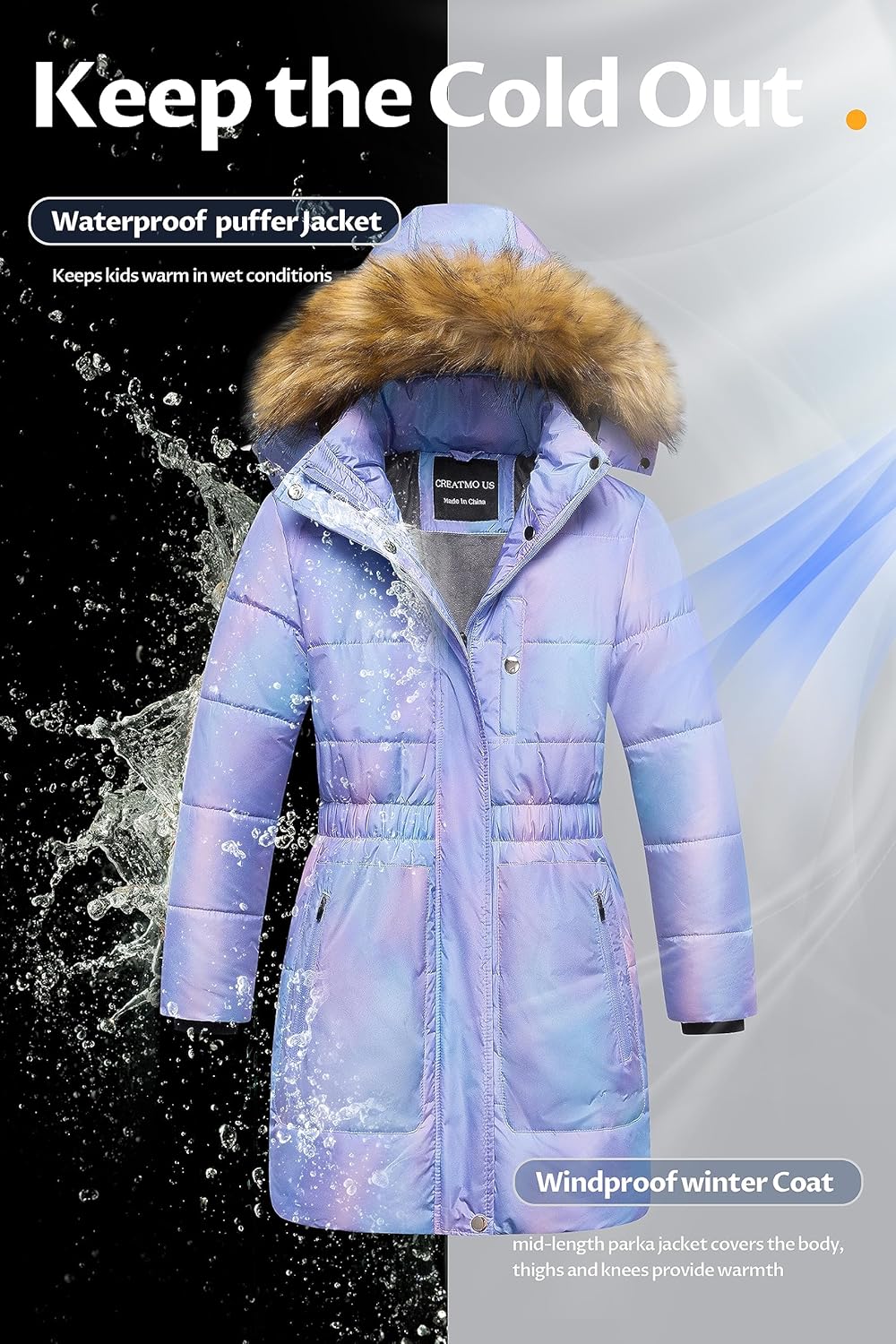CREATMO US Girl's Long Length Winter Coat Parka Water Resistant Puffer Jacket With Fleece Lining - Image 5