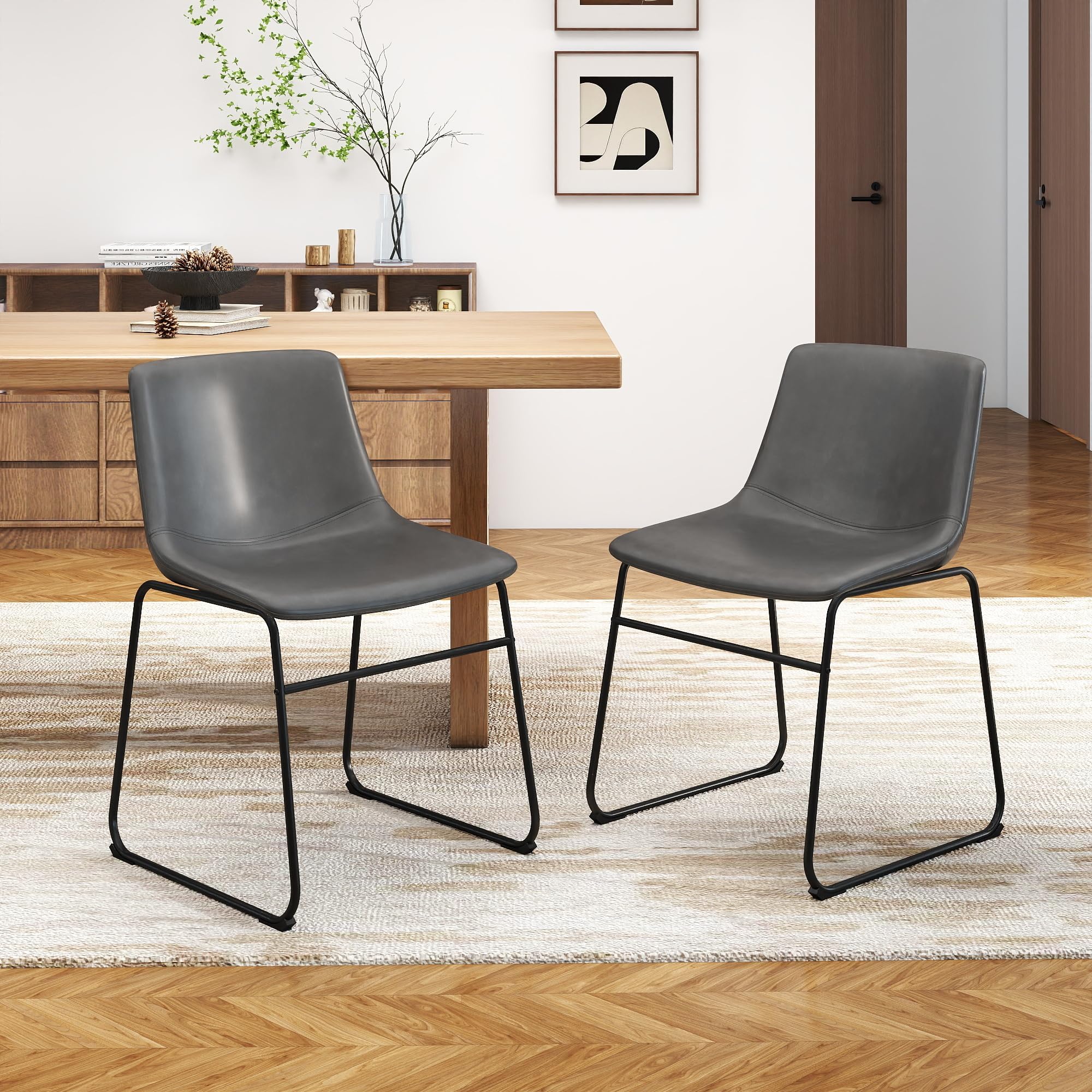 GOTMINSI Dining Chairs Set of 2, 18 Inch Modern Dinner Chairs, PU Leather Armless Dining Room Chairs with Sturdy Metal Legs and Upholstered Backrest for Kitchen(Grey)