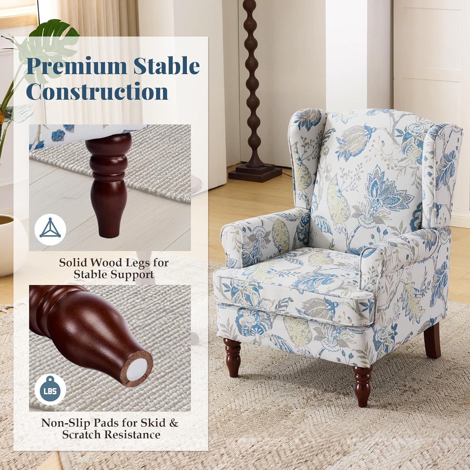 EROMMY Floral Accent Chair, Comfortable High Back Upholstered Armchair with Solid Wood Legs, Leisure Single Sofa Chair for Living Room, Bedroom, Home Office, Blue Floral