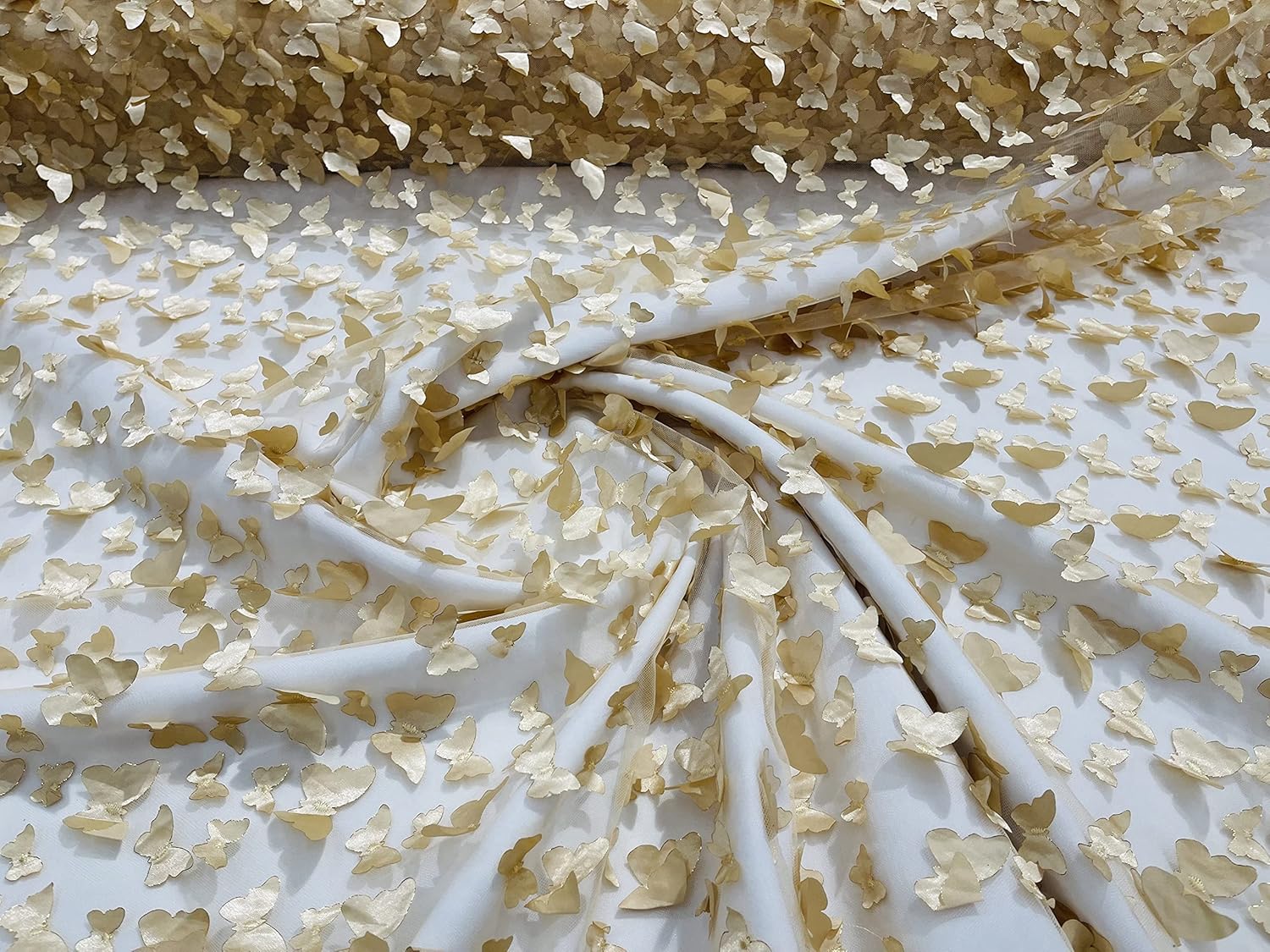 New Creations Fabric & Foam Inc, 49/50" Wide Metallic Edge 3-D Butterfly Design Embroidered On A Mesh Fabric (3 Yards, Gold)