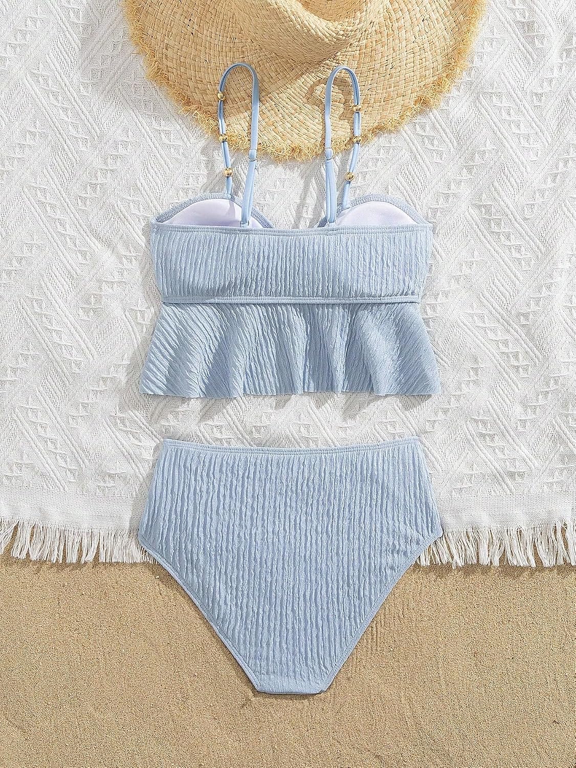 Girl's Cute Two Piece Bikini Sets Ruffle Peplum Shell High Waisted Ribbed Swimsuit Textured Kids Tankini
