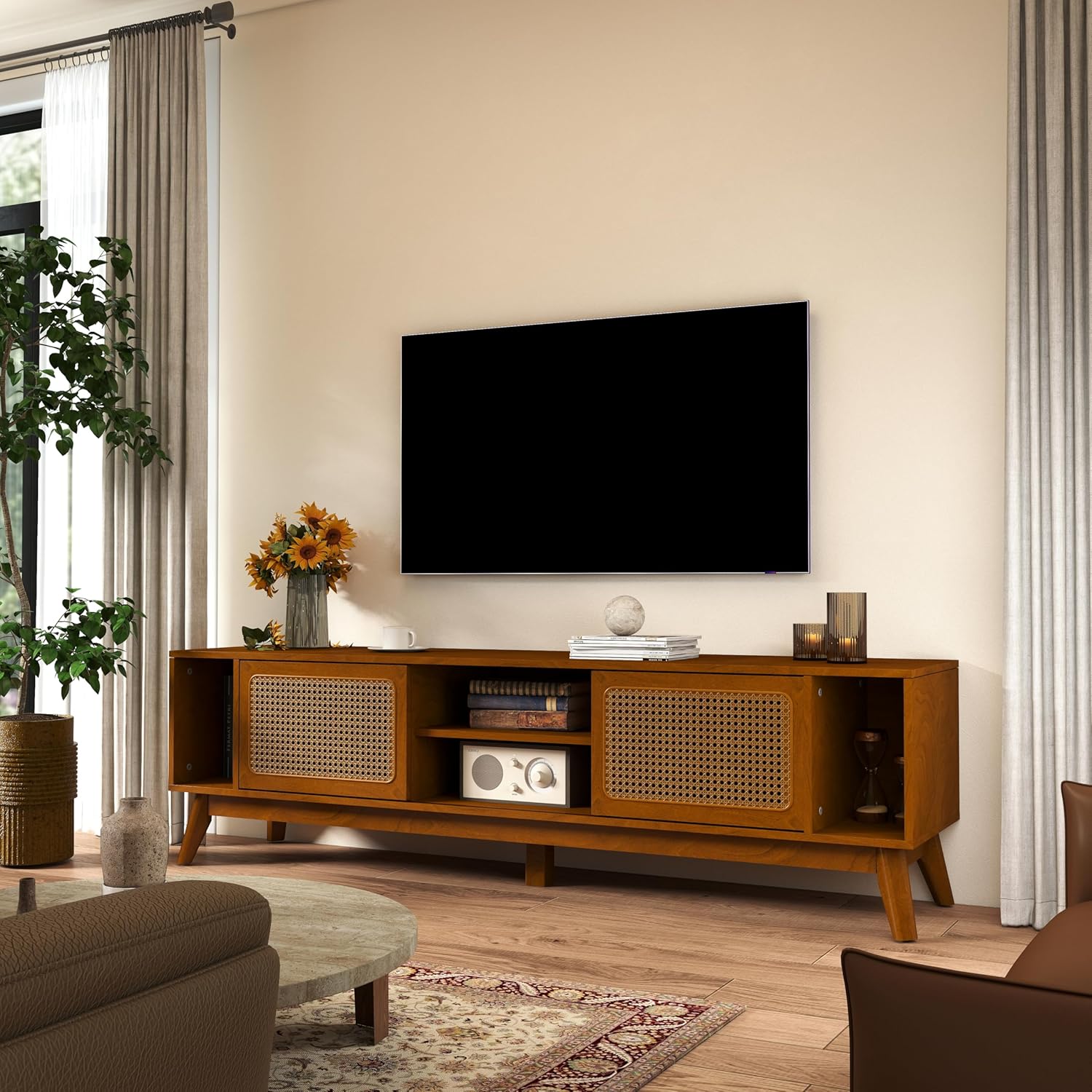 Ball & Cast 68" Mid Century Modern TV Stand for TVs up to 75", Media Console with Rattan Sliding Doors, Open Shelves & Solid Wood Legs, Entertainment Center for Living Room,Bedroom,Light Walnut