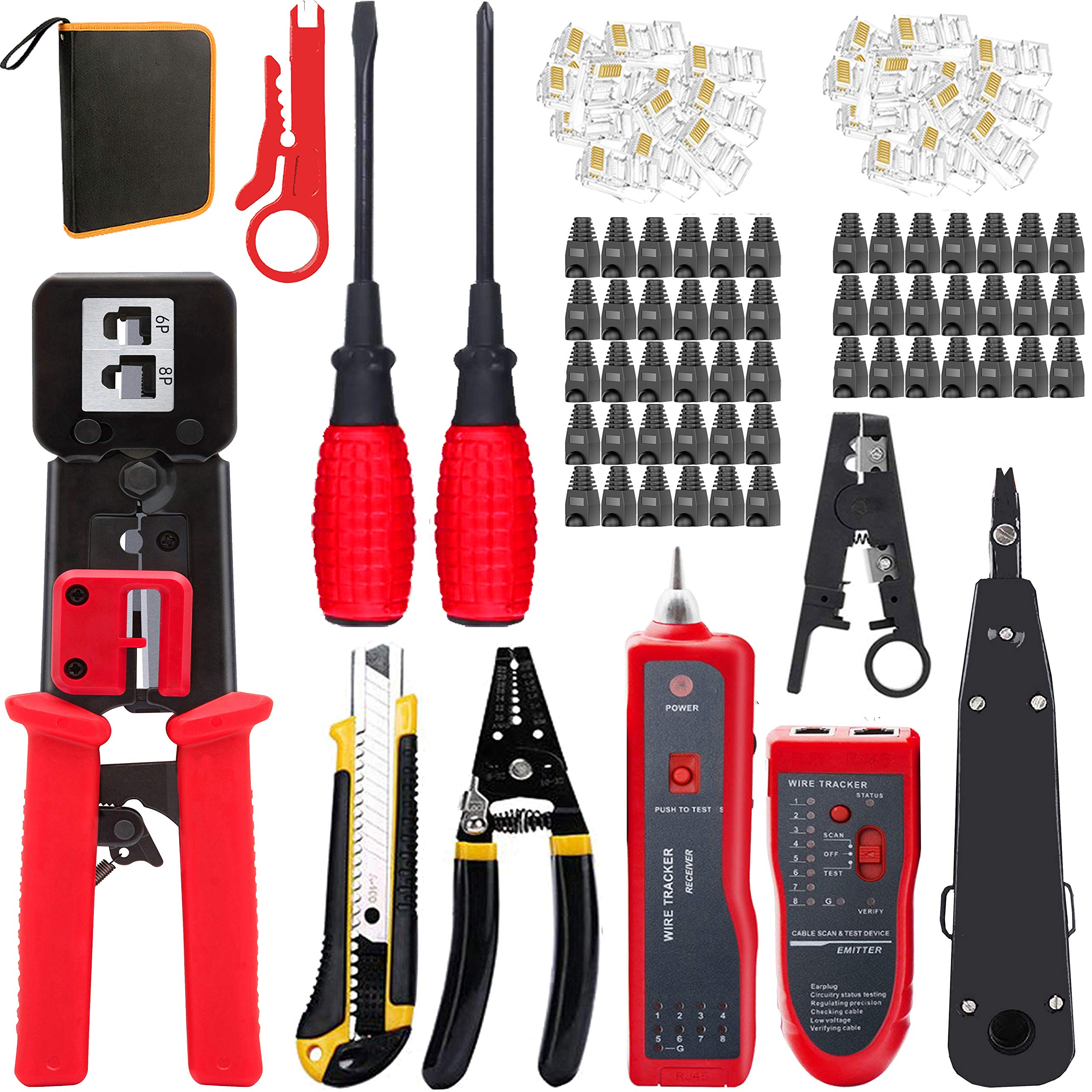 LEATBUY Crimper Ethernet Kit CAT5 CAT6 Crimping Tool RJ45 Crimp Set for RJ11 RJ12 for Pass Through with 50PC Connector 50PC Cover Ethernet Network LAN