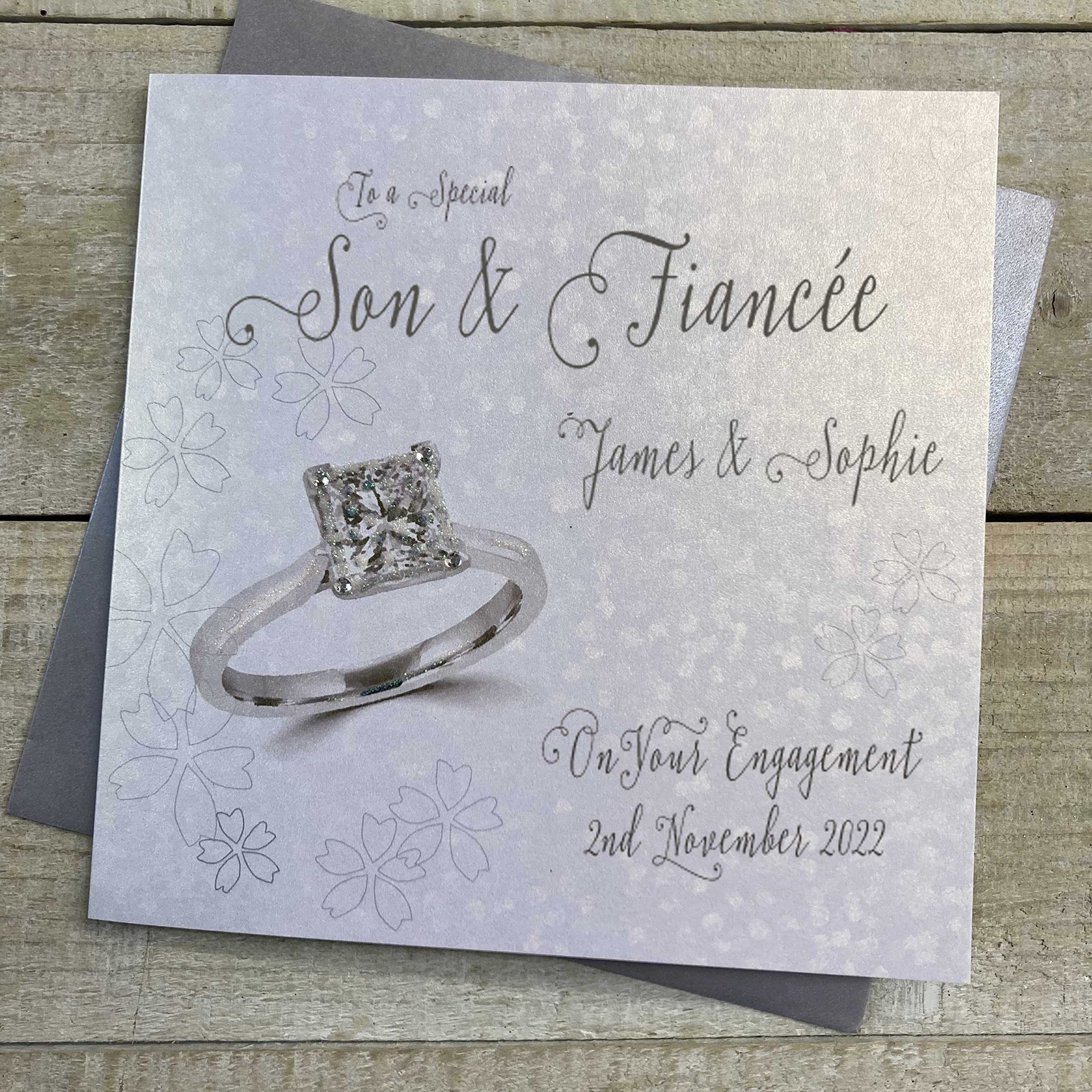 WHITE COTTON CARDS PERSONALISED ENGAGEMENT CARD. ANY RELATION. SON & FIANCÉE. SQUARE PRINCESS CUT RING DESIGN. Handmade (P22-99-S & XP22-99-S)