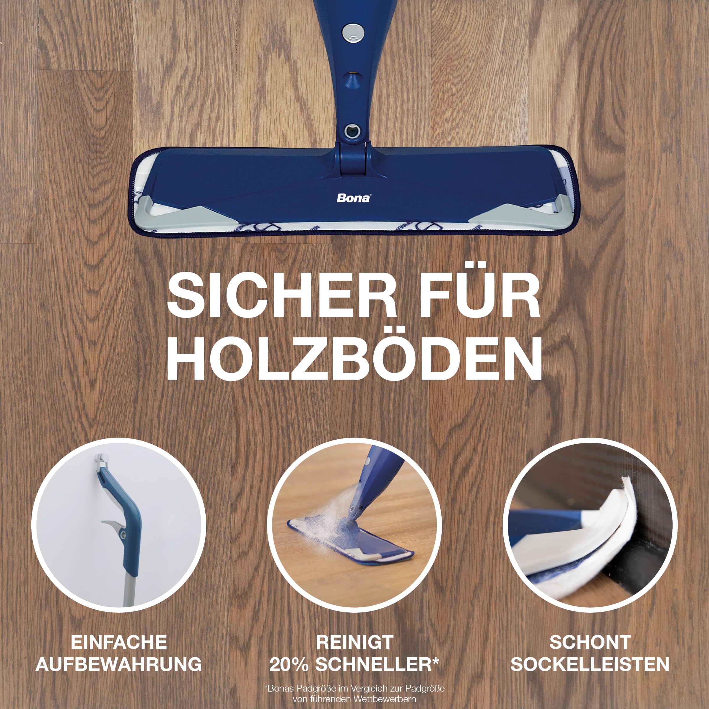Bona Wischmopp, Bodenwischer mit Sprühfunktion, Premium Spray Mop Wischer | Parkettreiniger mit nachfüllbarem Tank für Parkett und Holzböden, Sprühwischer Bodenwischer, 2 waschbare Mikrofaser Pads