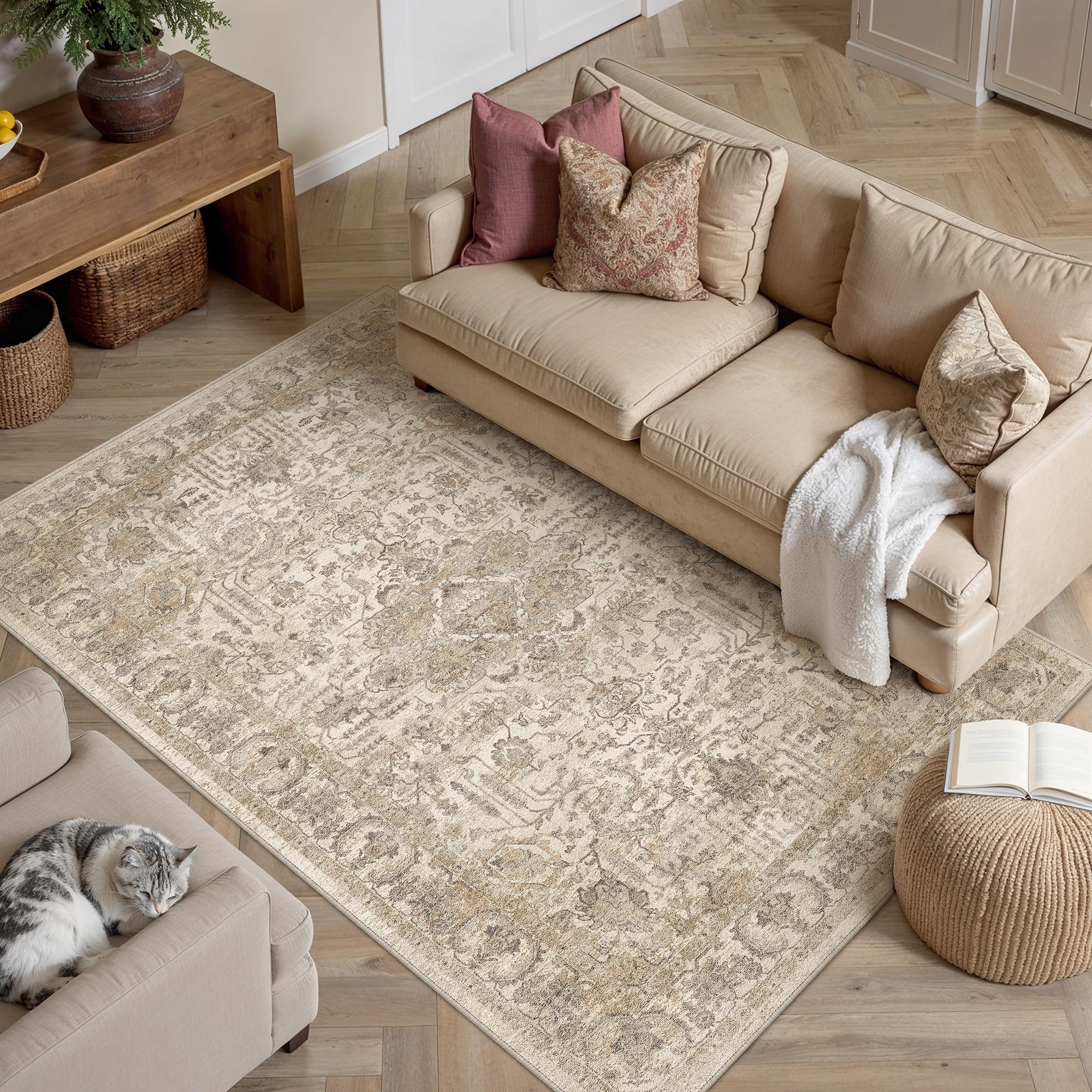 PureCozy Vintage Teppich Wohnzimmer Schlafzimmer Waschbarer | Waschbarer Teppich Wohnzimmer, Rutschfest, Geeignet Für Schlafzimmer, Esszimmer,Büro