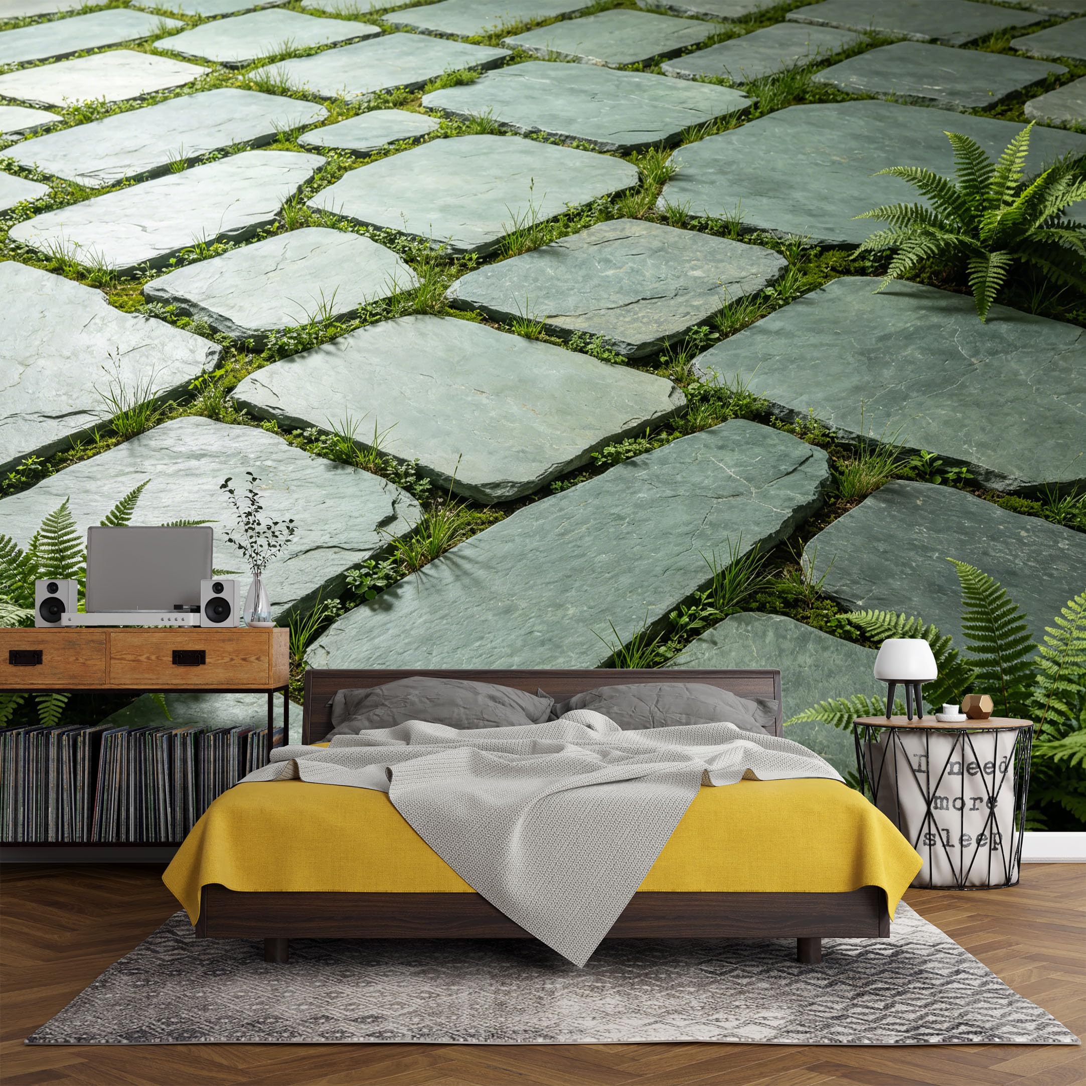 Custom Size Wall Mural， Botanical Stone Path Fern Green Garden Landscape，SelfAdhesive Art Prints wall Fabric (No PVC) Removable Wallpaper Living Room Decor