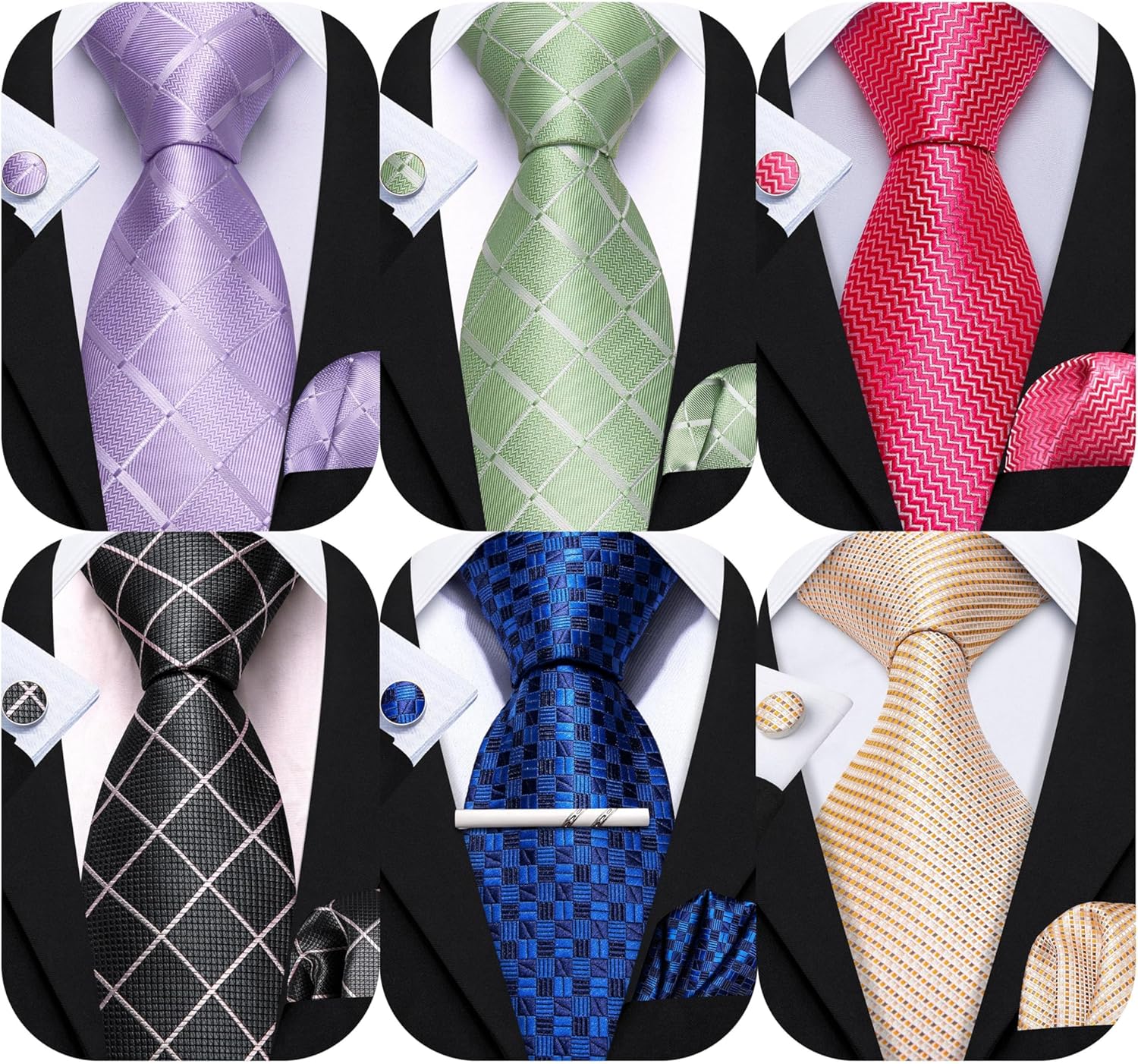 Barry.Wang Men Paisley Tie Set with Pocket Square Cufflink Silk Woven Necktie Formal Wedding Party 6PCS